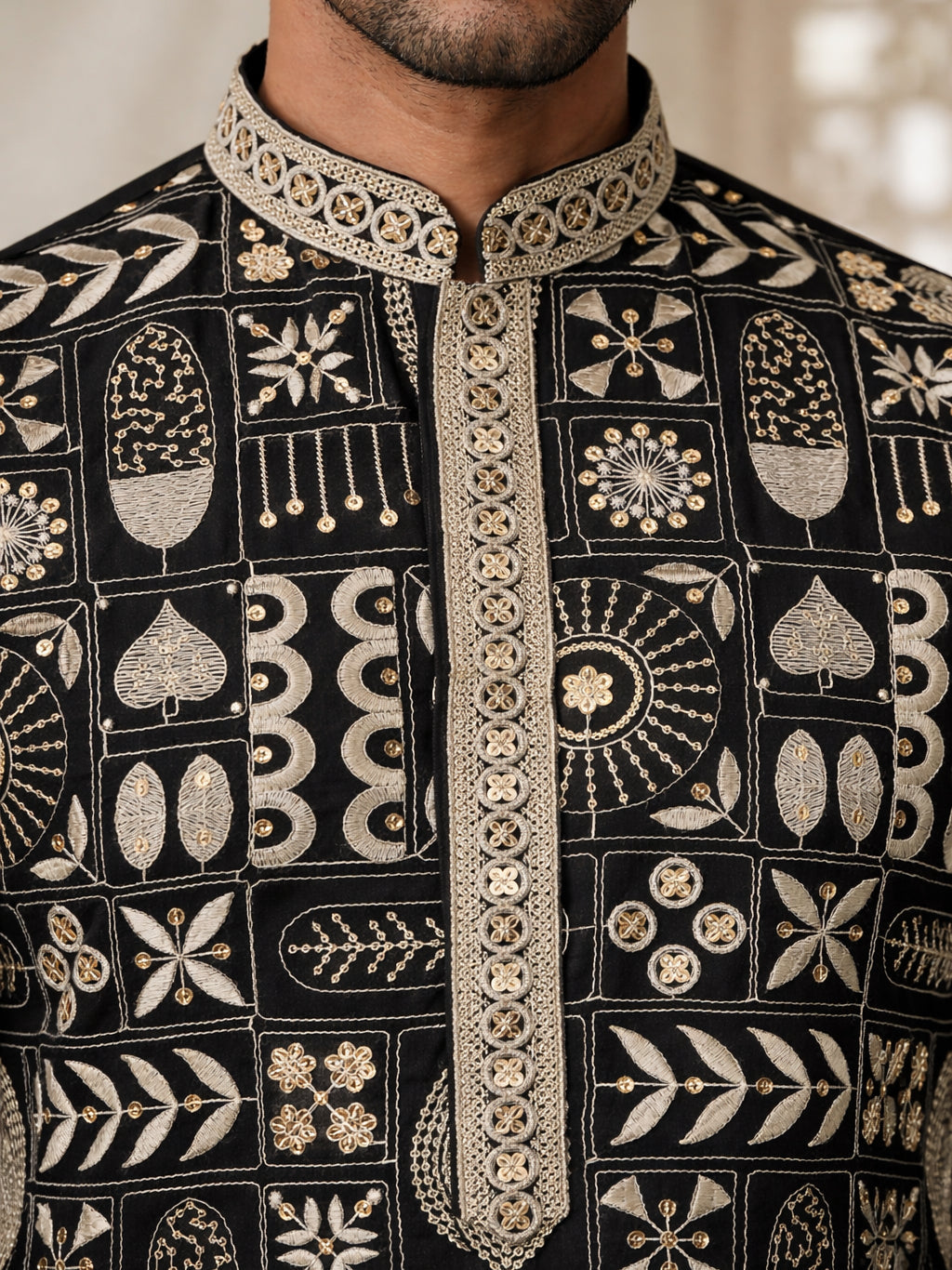 Silk Blend Embroidered Kurta Pyjama Set ( JOKP B-P 5325Black )