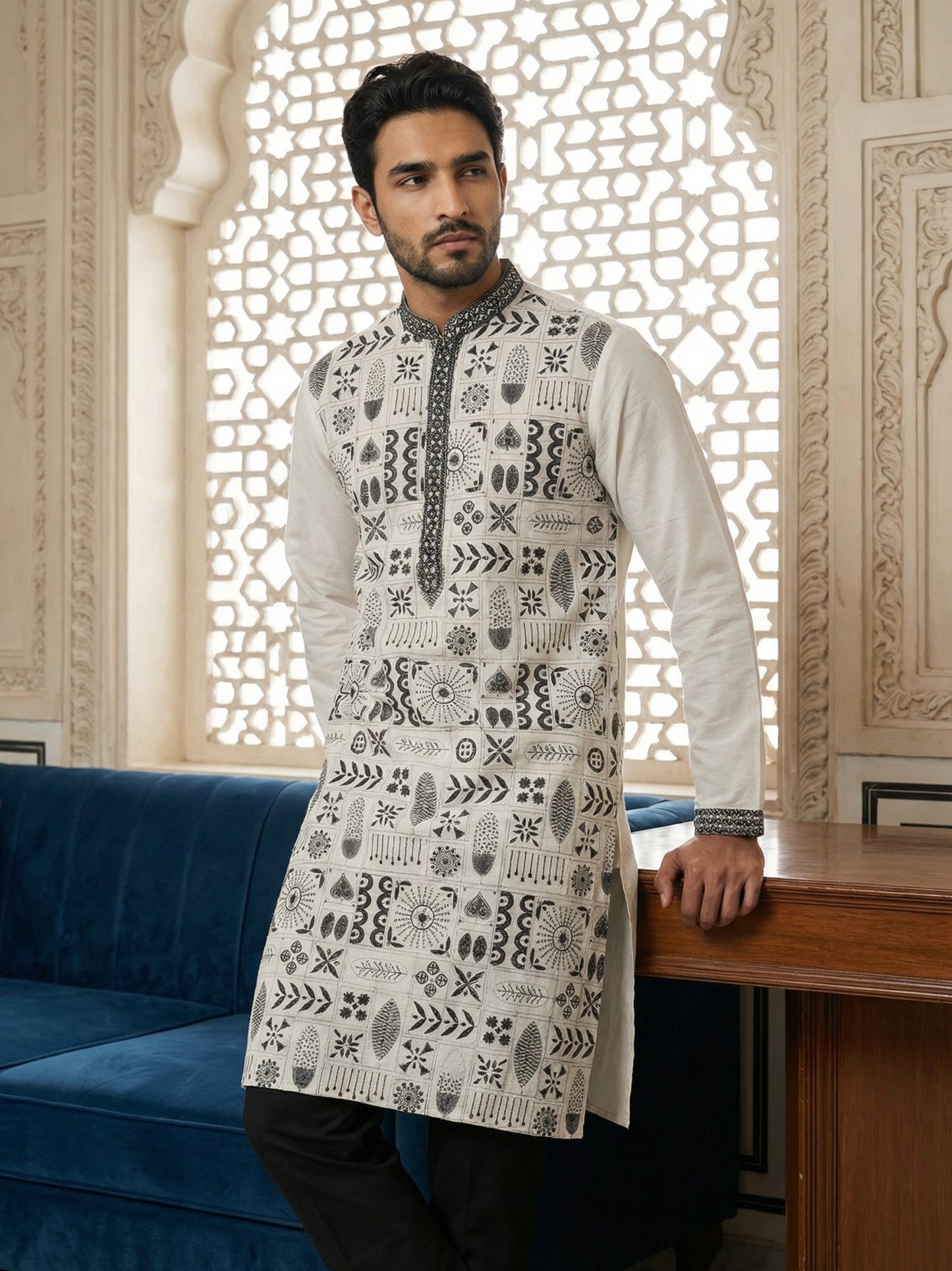 Silk Blend Embroidered Kurta Pyjama Set ( JOKP B-P 5325White )