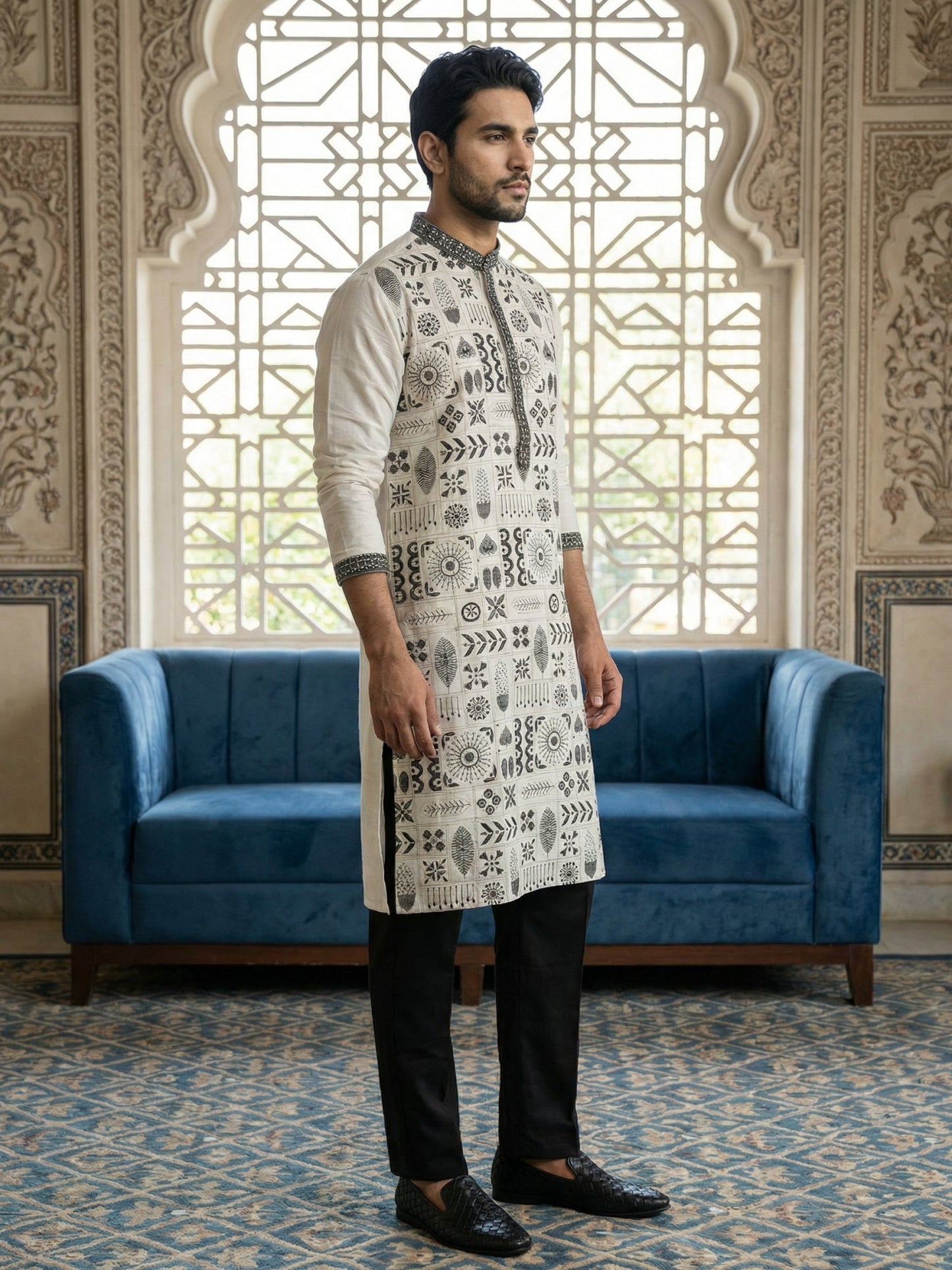 Silk Blend Embroidered Kurta Pyjama Set ( JOKP B-P 5325White )