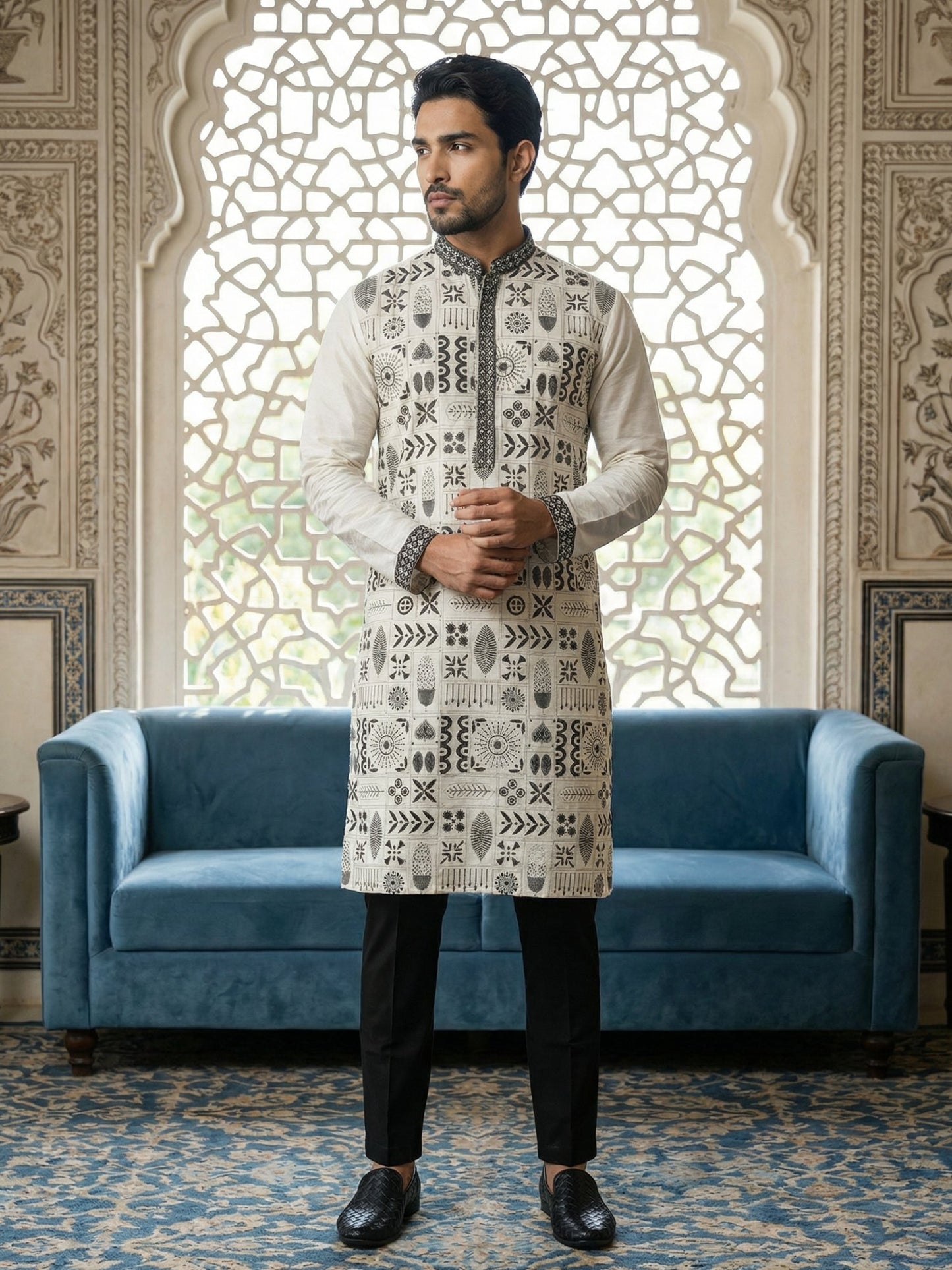 Silk Blend Embroidered Kurta Pyjama Set ( JOKP B-P 5325White )
