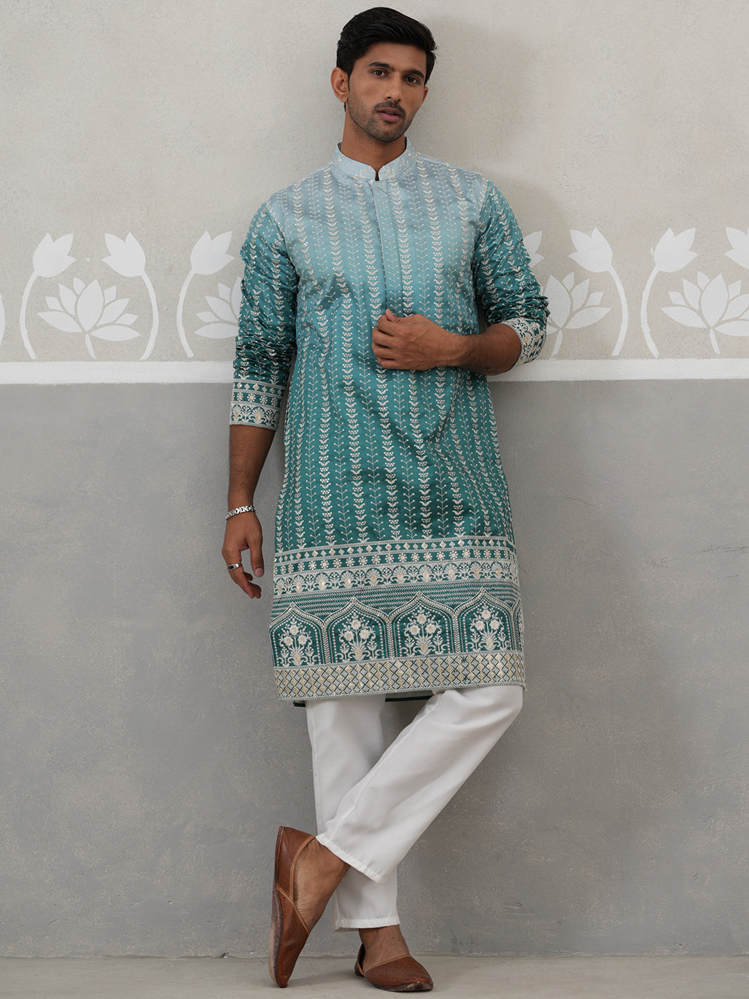 Silk Blend Kurta Pyjama Set ( JOKP P 5328 P 5328Peacock )