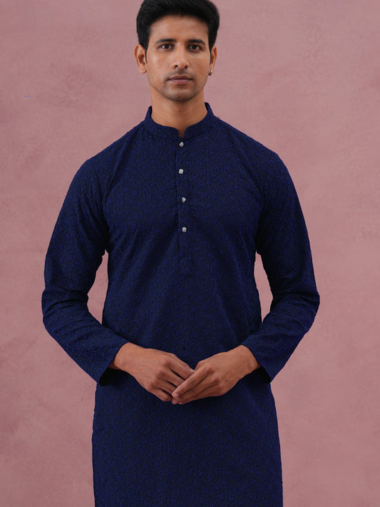 Traditional Cotton Blend Embroidered Kurta Pyjama ( 65KP P 5334Navy S ) [FF] [F-1-2-3-4]