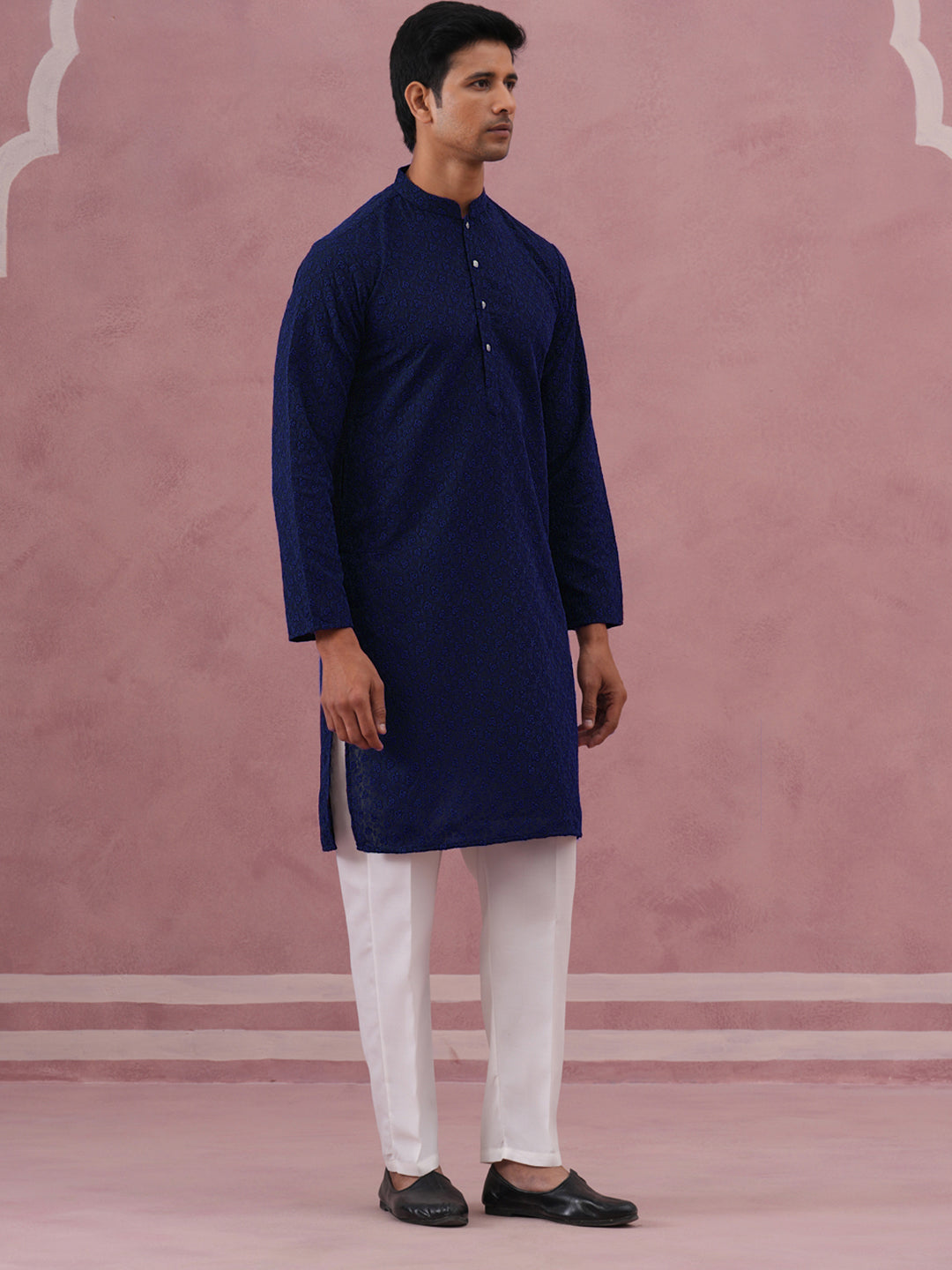 Traditional Cotton Blend Embroidered Kurta Pyjama ( 65KP P 5334Navy S ) [FF] [F-1-2-3-4]
