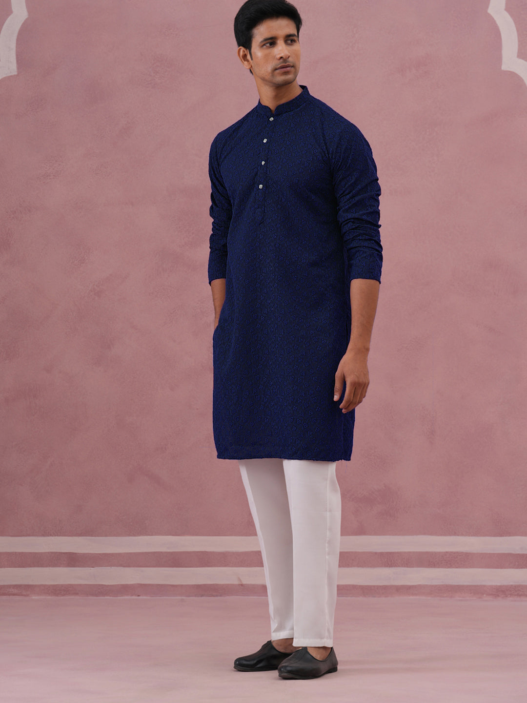 Traditional Cotton Blend Embroidered Kurta Pyjama ( 65KP P 5334Navy S ) [FF] [F-1-2-3-4]