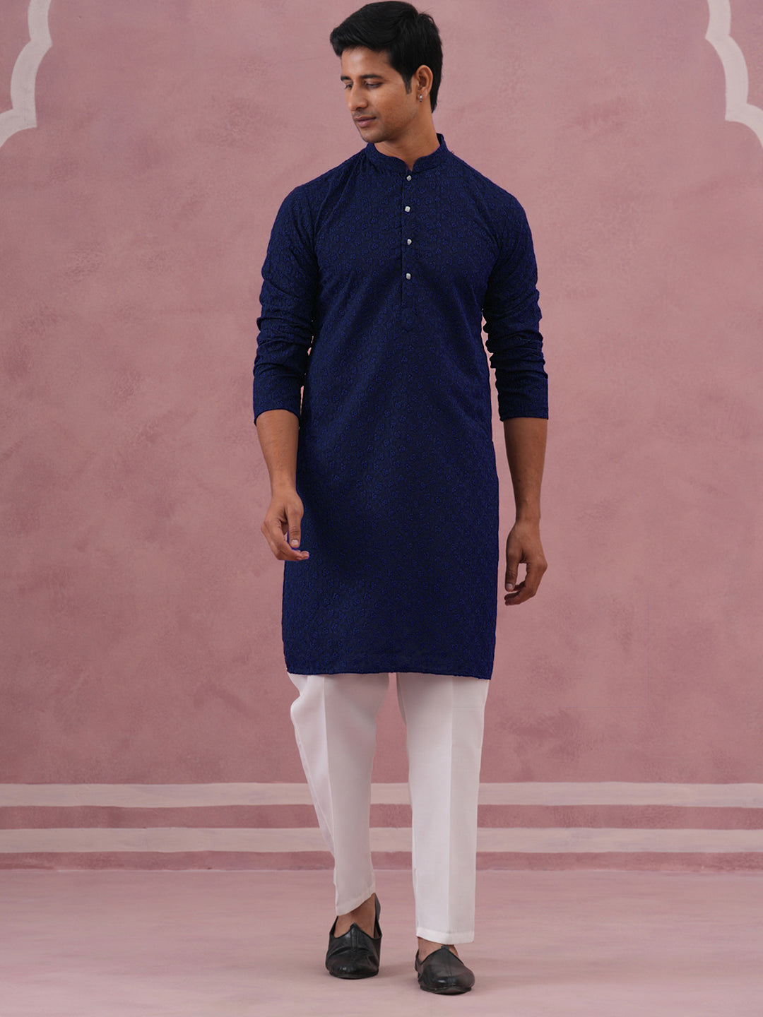 Traditional Cotton Blend Embroidered Kurta Pyjama ( 65KP P 5334Navy S ) [FF] [F-1-2-3-4]