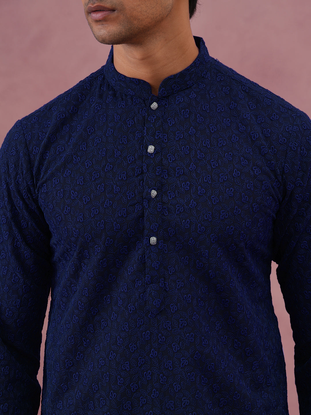Traditional Cotton Blend Embroidered Kurta Pyjama ( 65KP P 5334Navy S ) [FF] [F-1-2-3-4]