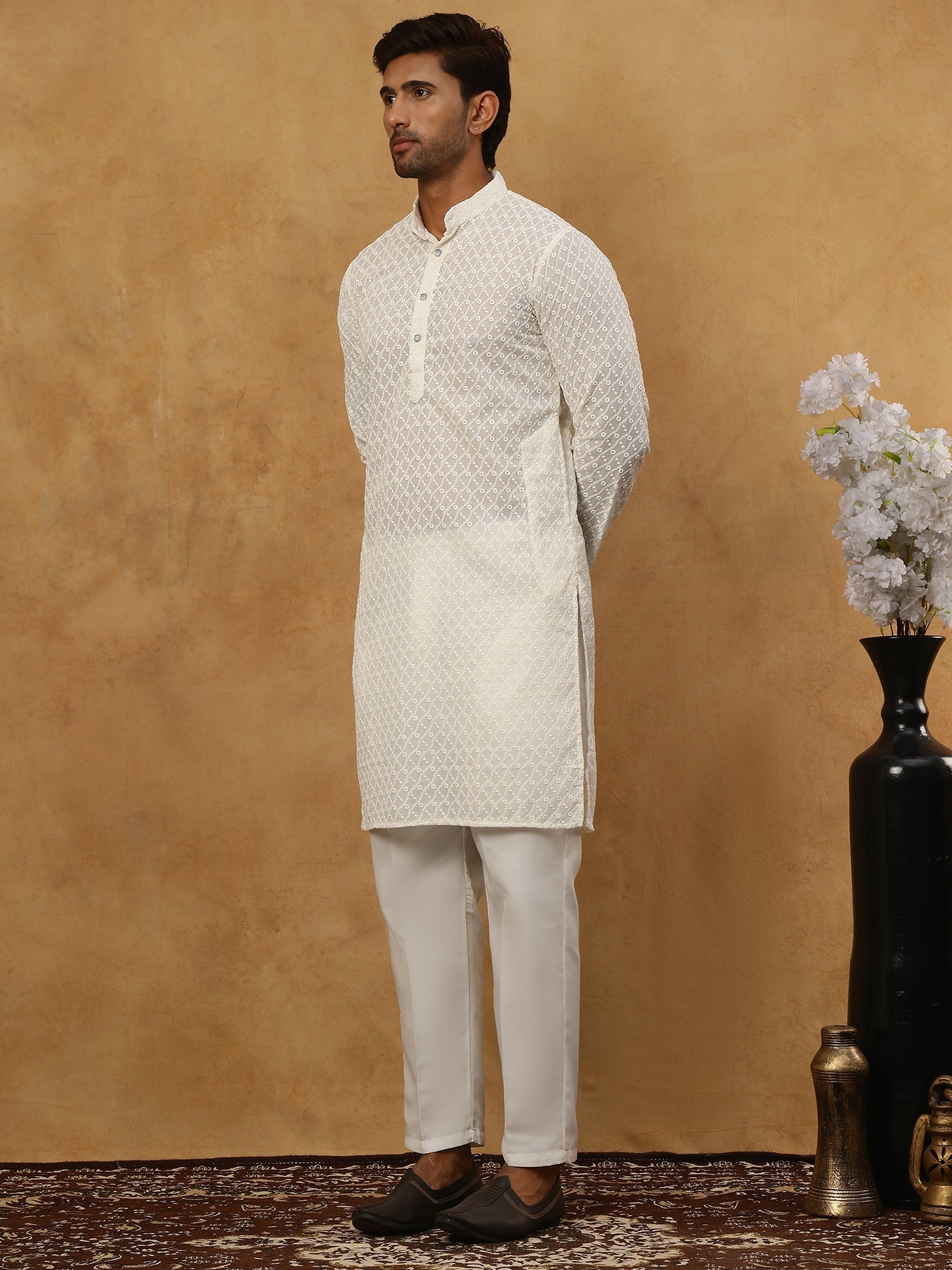 Men’s Ethnic Chikankari Kurta Pyjama ( JOKP P 561Cream )