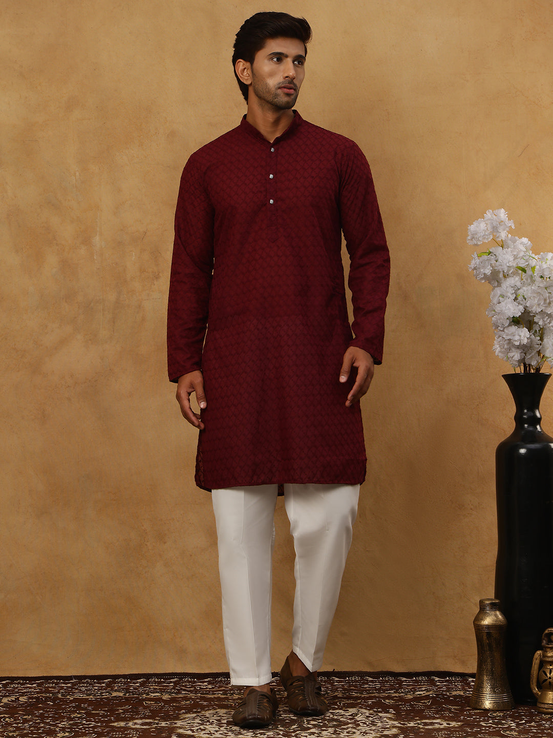 Men’s Ethnic Chikankari Kurta Pyjama ( JOKP P 561Maroon )