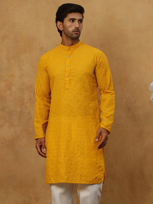Men’s Ethnic Chikankari Kurta Pyjama ( JOKP P 561Mustard )