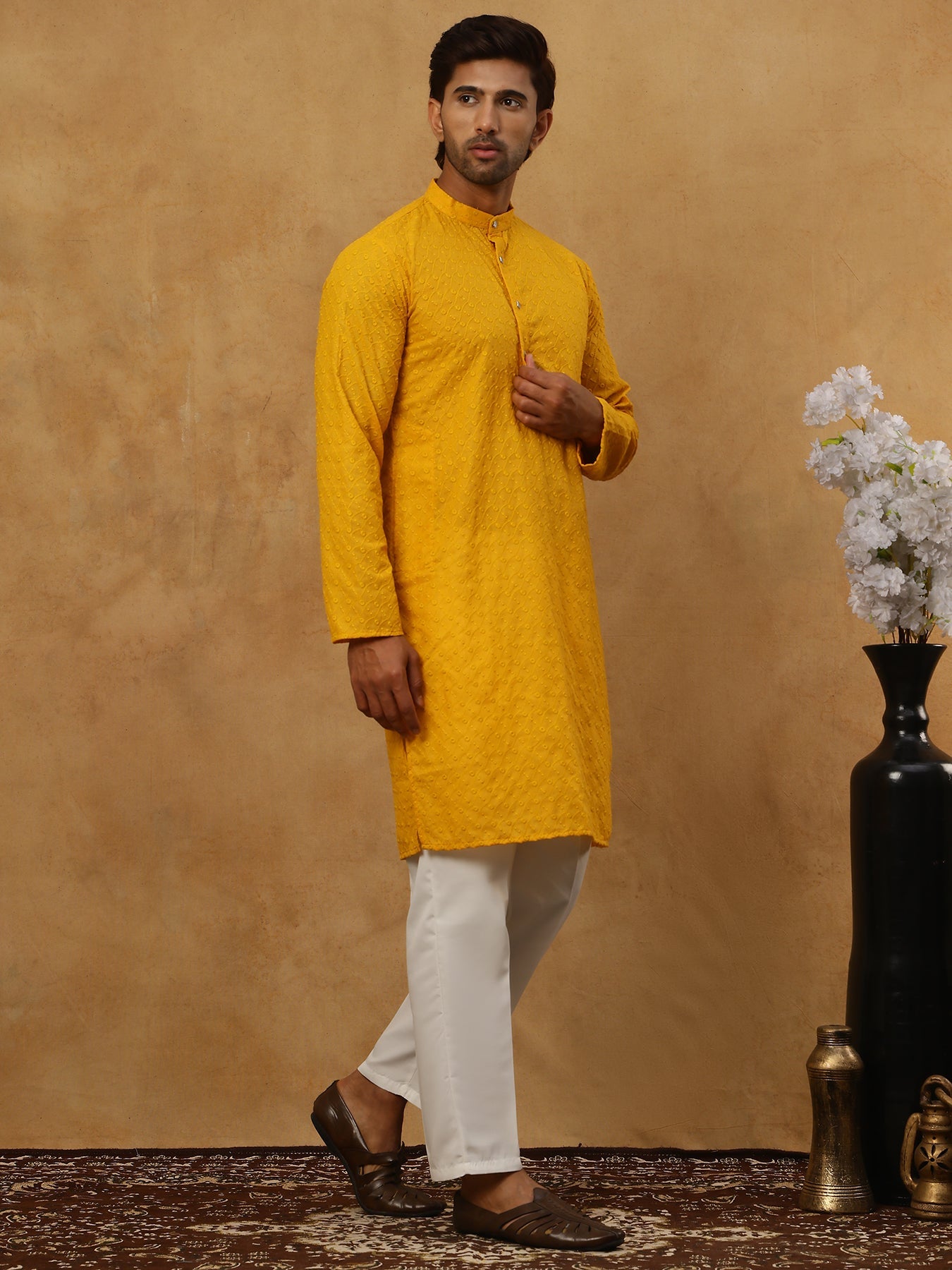 Men’s Ethnic Chikankari Kurta Pyjama ( JOKP P 561Mustard )