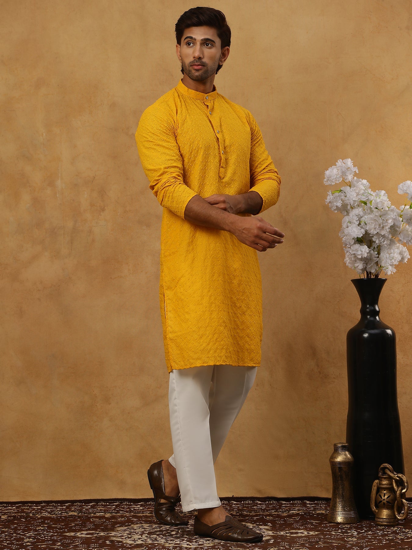 Men’s Ethnic Chikankari Kurta Pyjama ( JOKP P 561Mustard )
