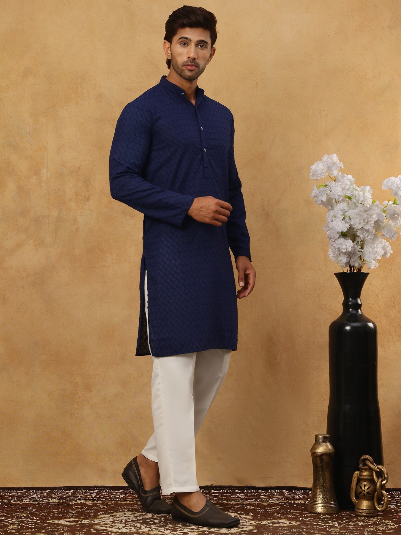 Men’s Ethnic Chikankari Kurta Pyjama ( JOKP P 561Navy )