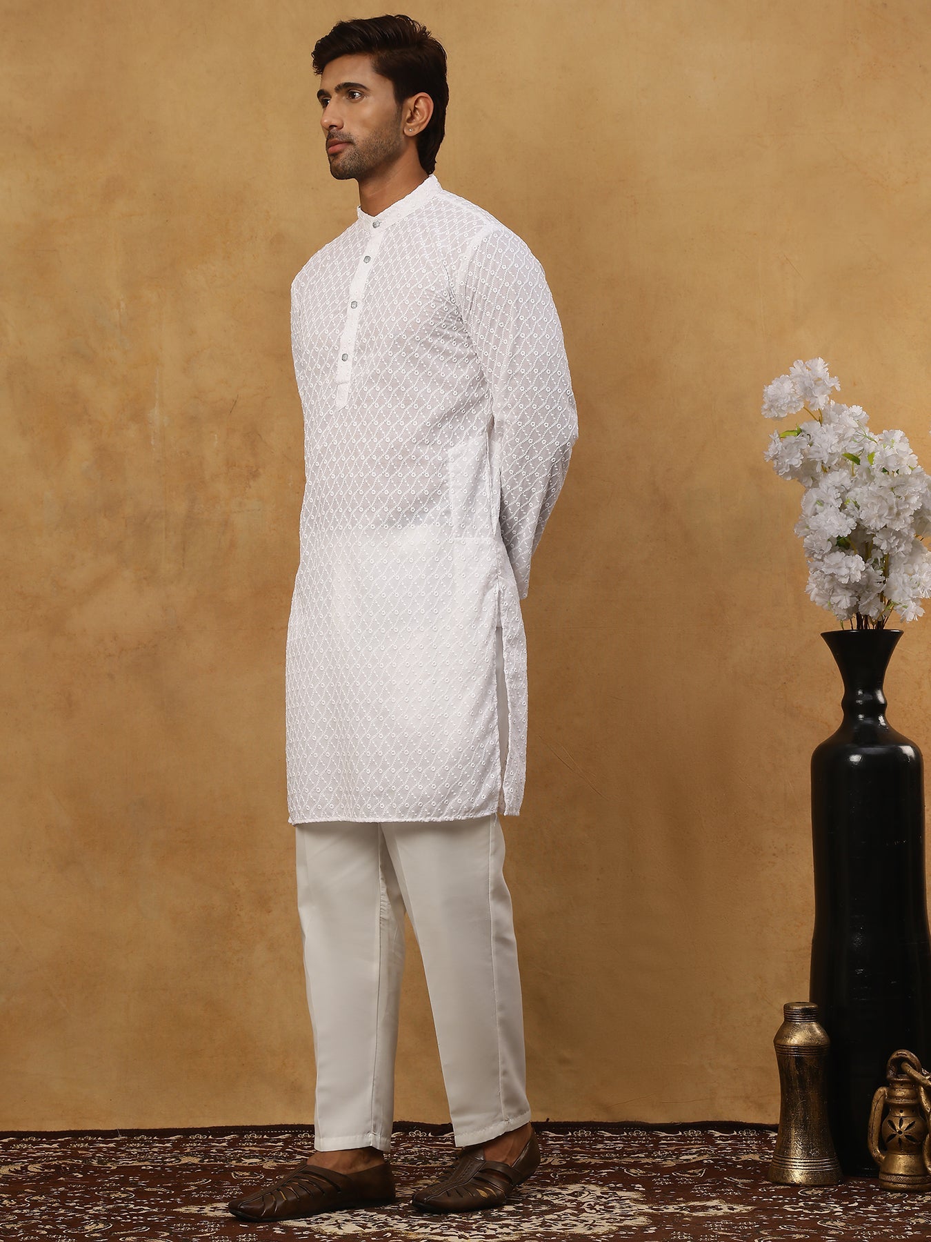 Men’s Ethnic Chikankari Kurta Pyjama ( JOKP P 561White )