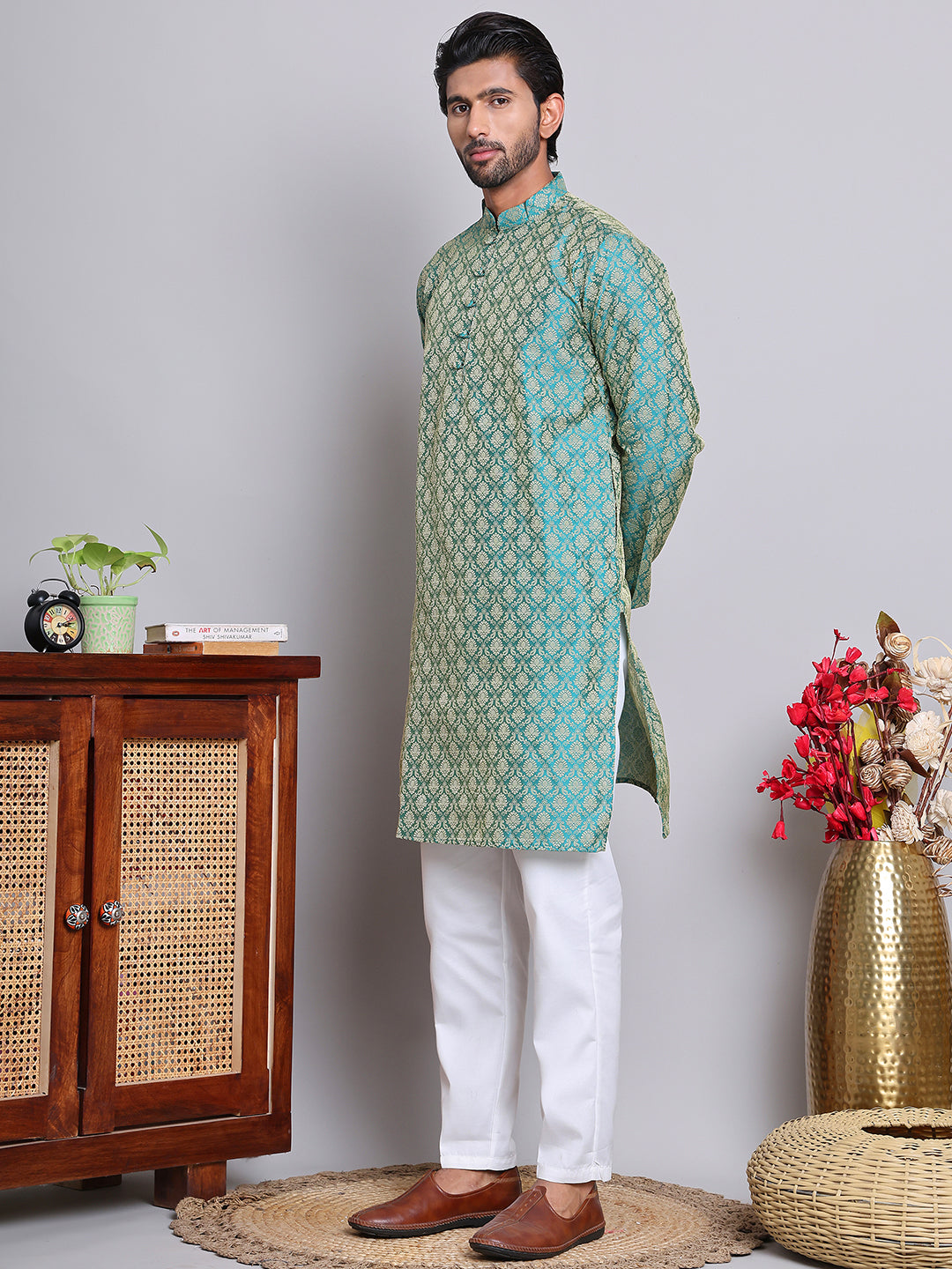 Jacquard Kurta Payjama Sets For Men ( NJOKP P 568Green )