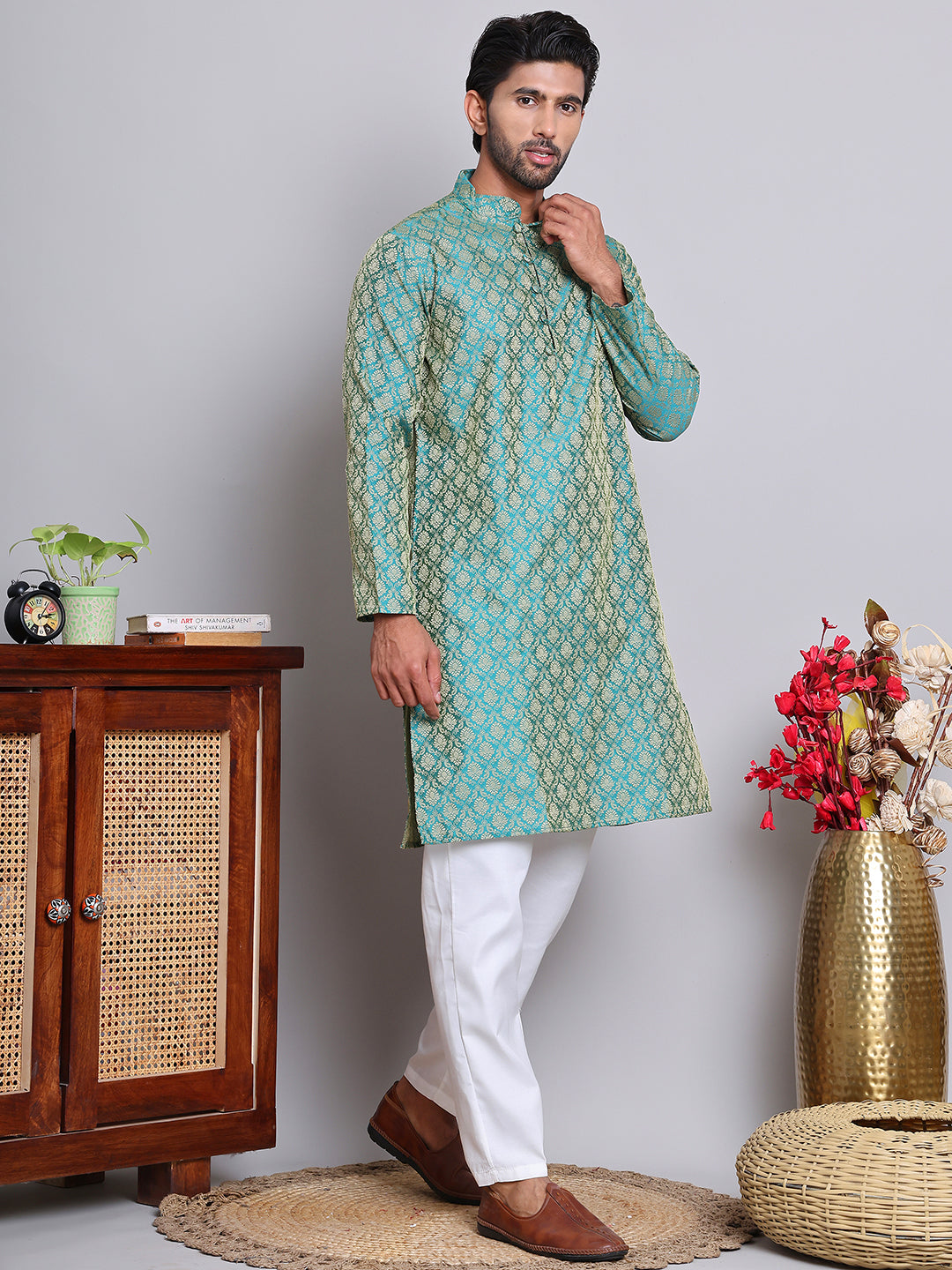 Jacquard Kurta Payjama Sets For Men ( NJOKP P 568Green )