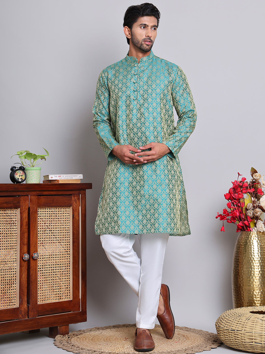 Jacquard Kurta Payjama Sets For Men ( NJOKP P 568Green )