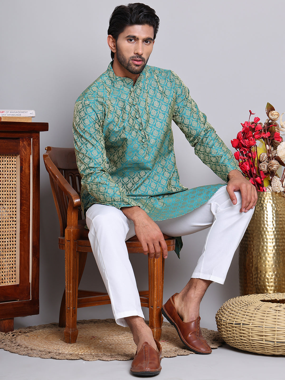 Jacquard Kurta Payjama Sets For Men ( JOKP P 568 Green )