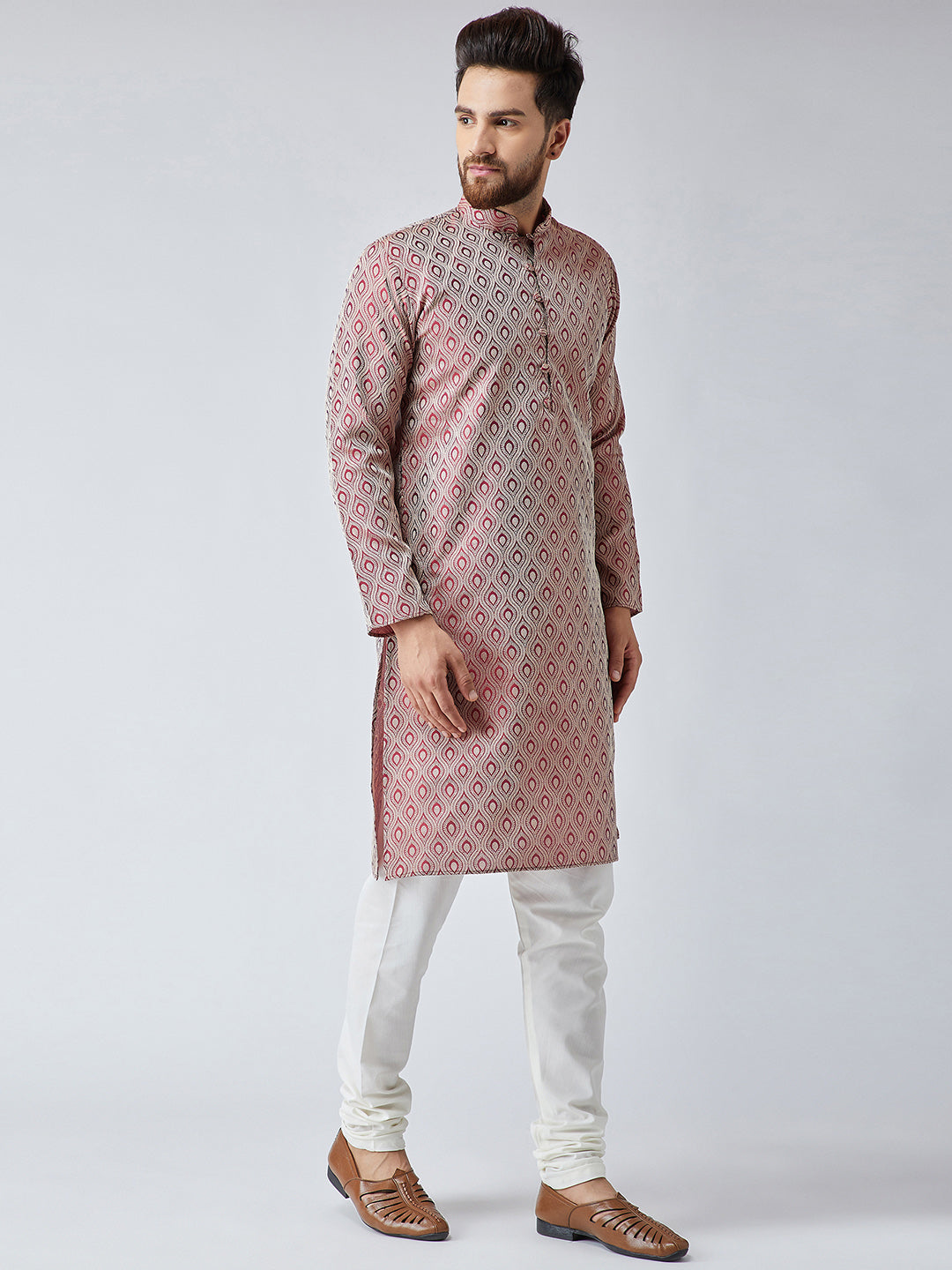Men Maroon & Off-White Self Design Kurta with Churidar - Jompers