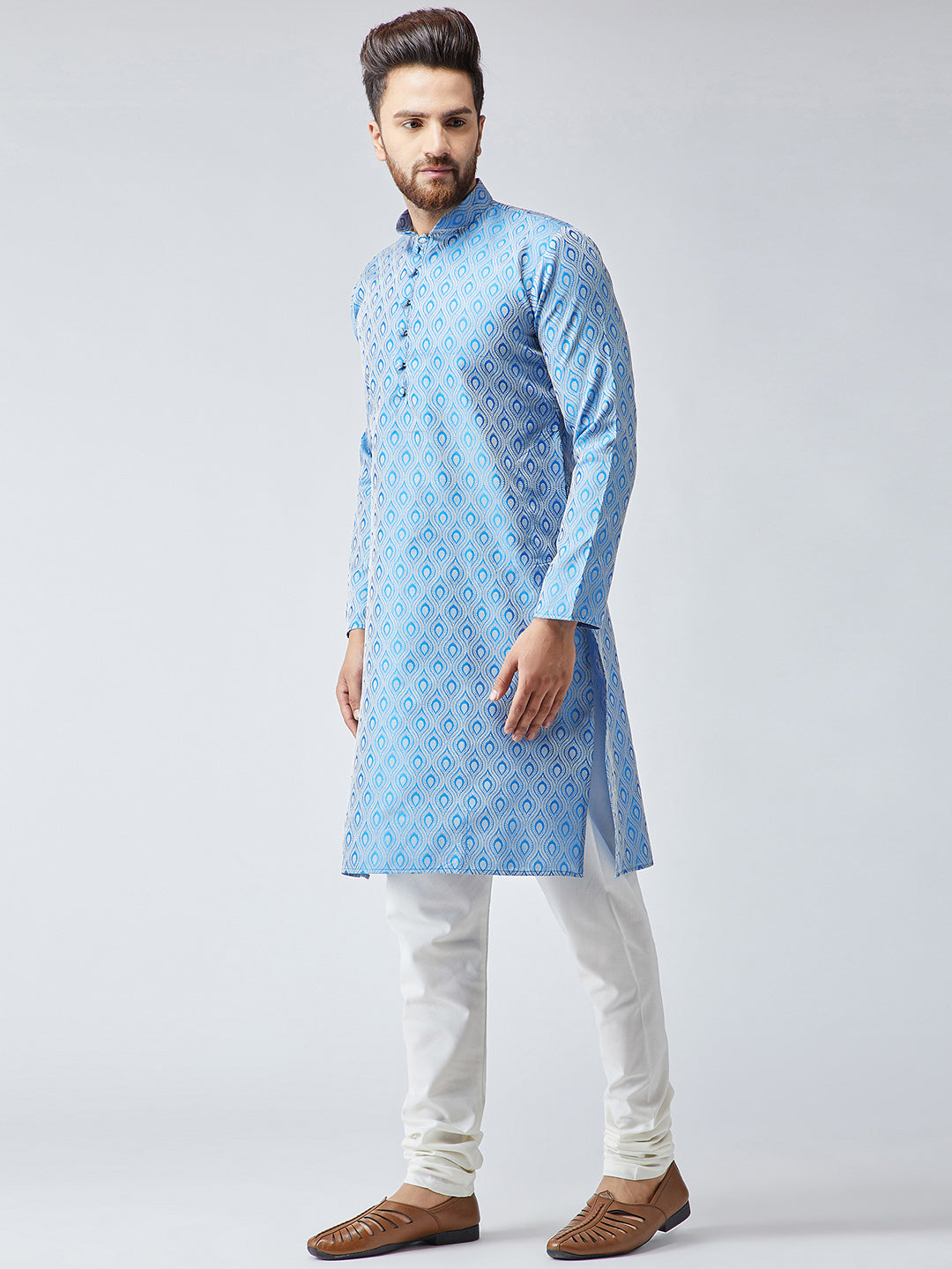 Men Sky Blue & Off-White Self Design Kurta with Churidar - Jompers