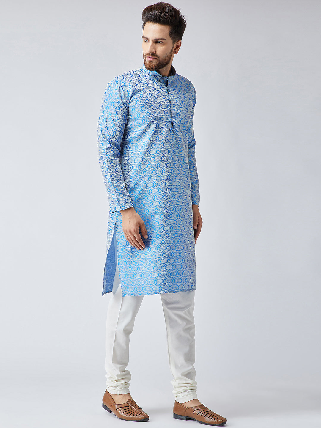 Men Sky Blue & Off-White Self Design Kurta with Churidar - Jompers