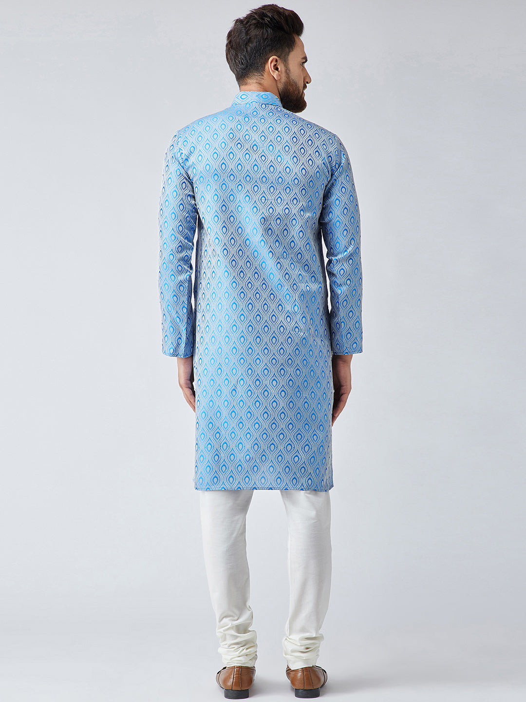 Men Sky Blue & Off-White Self Design Kurta with Churidar - Jompers