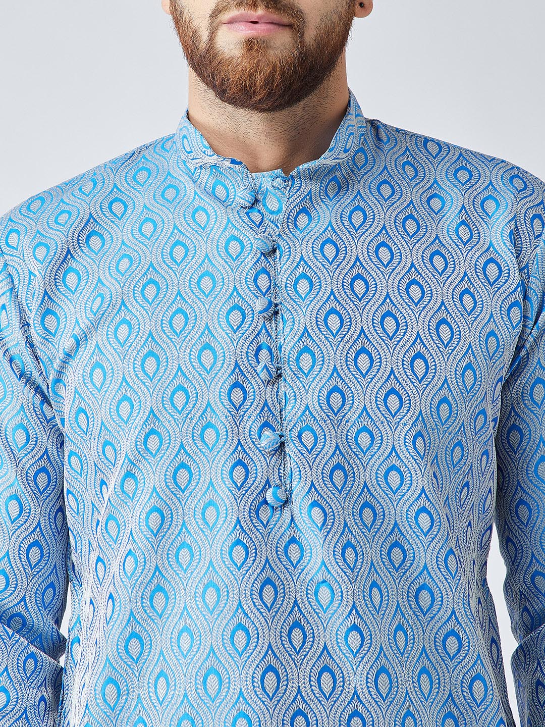 Men Sky Blue & Off-White Self Design Kurta with Churidar - Jompers