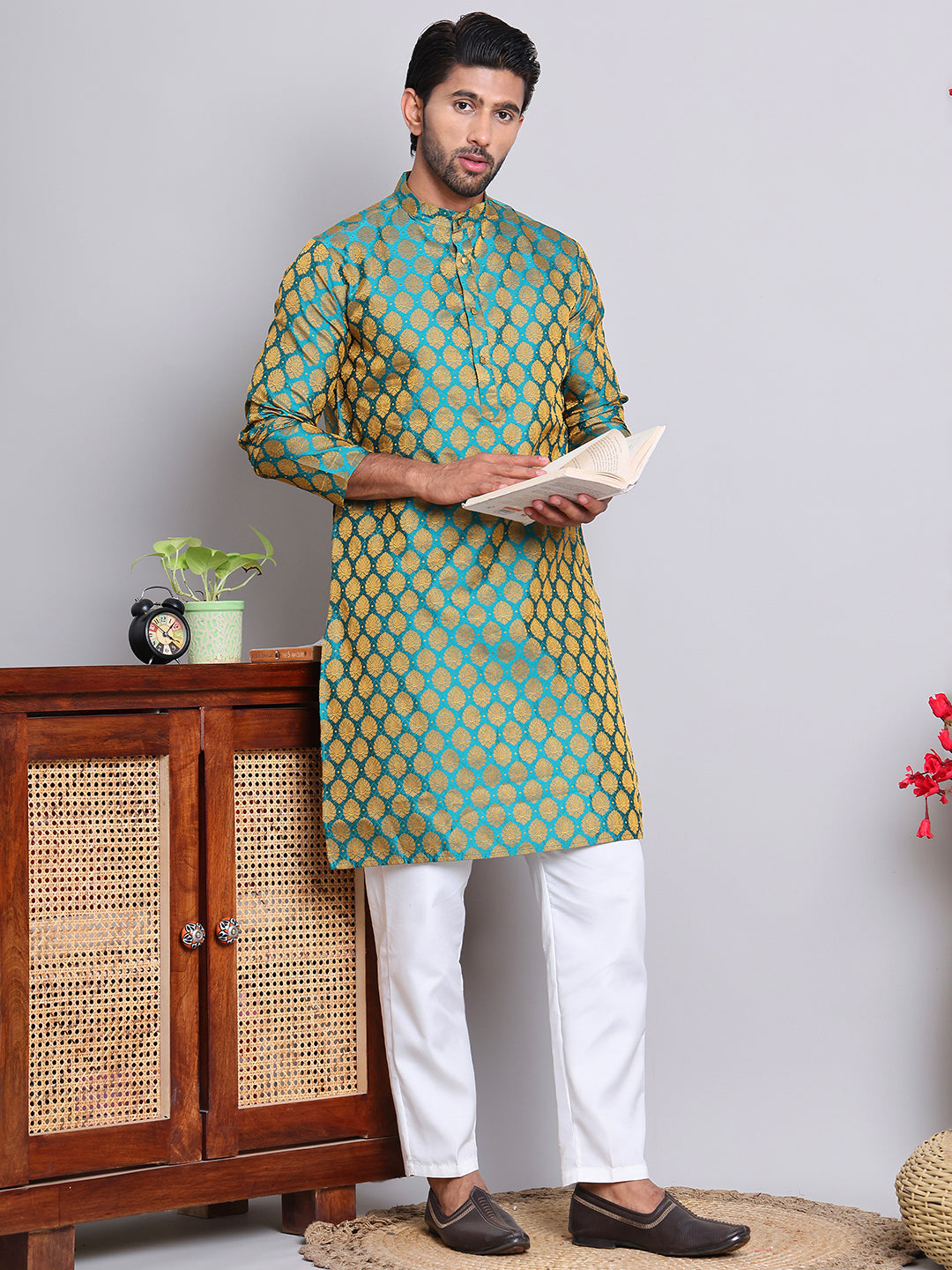 Jacquard Kurta Payjama Sets For Men ( NJOKP 586Green )