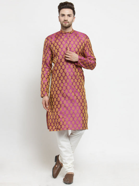 Men Pink-Colored & Golden Self Design Kurta with Churidar ( JOKP 586Pink )