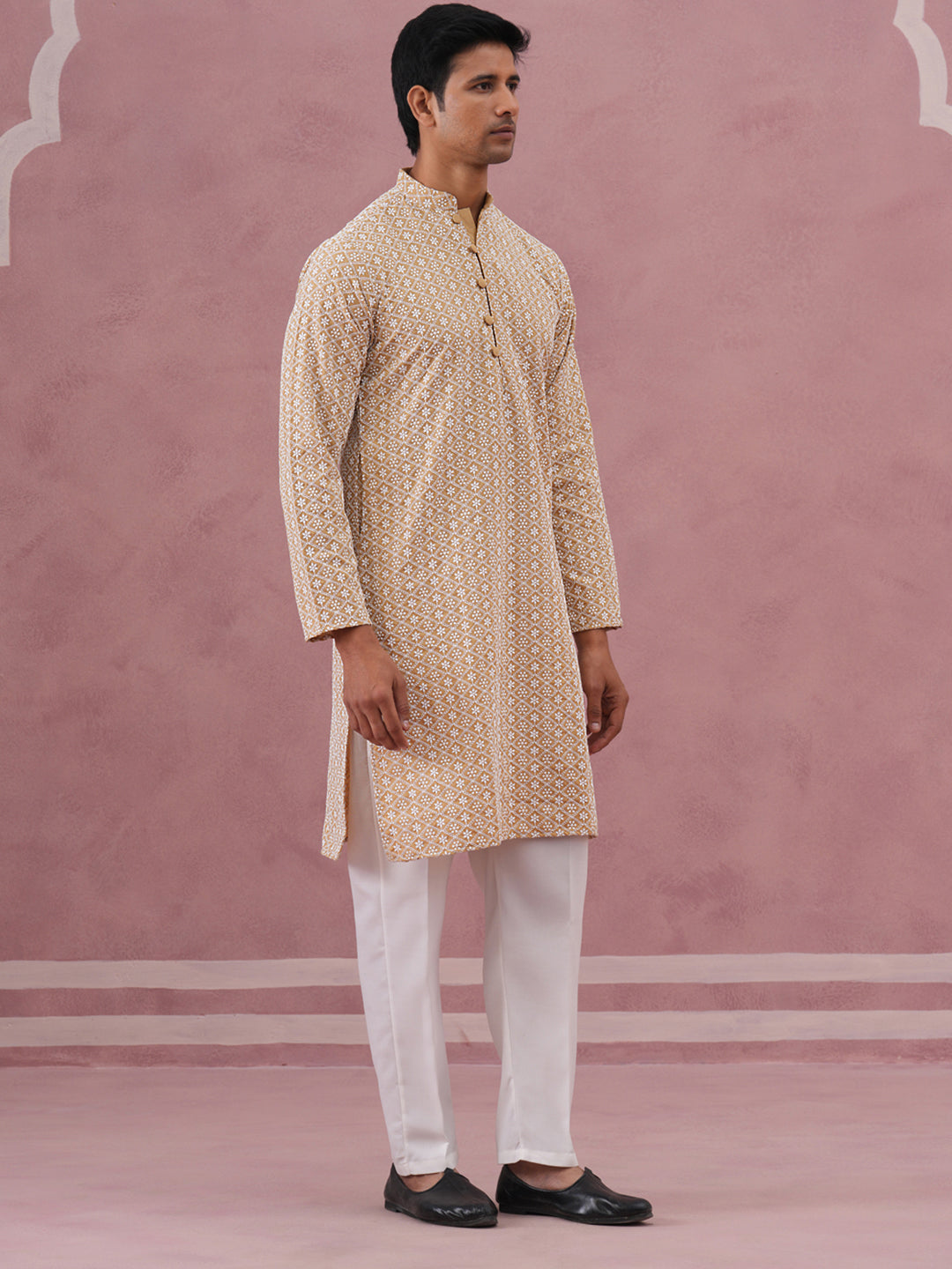 Floral Embroidered Kurta With Churidar (JOKP 626 Beige ) [FF] [G-1-5]
