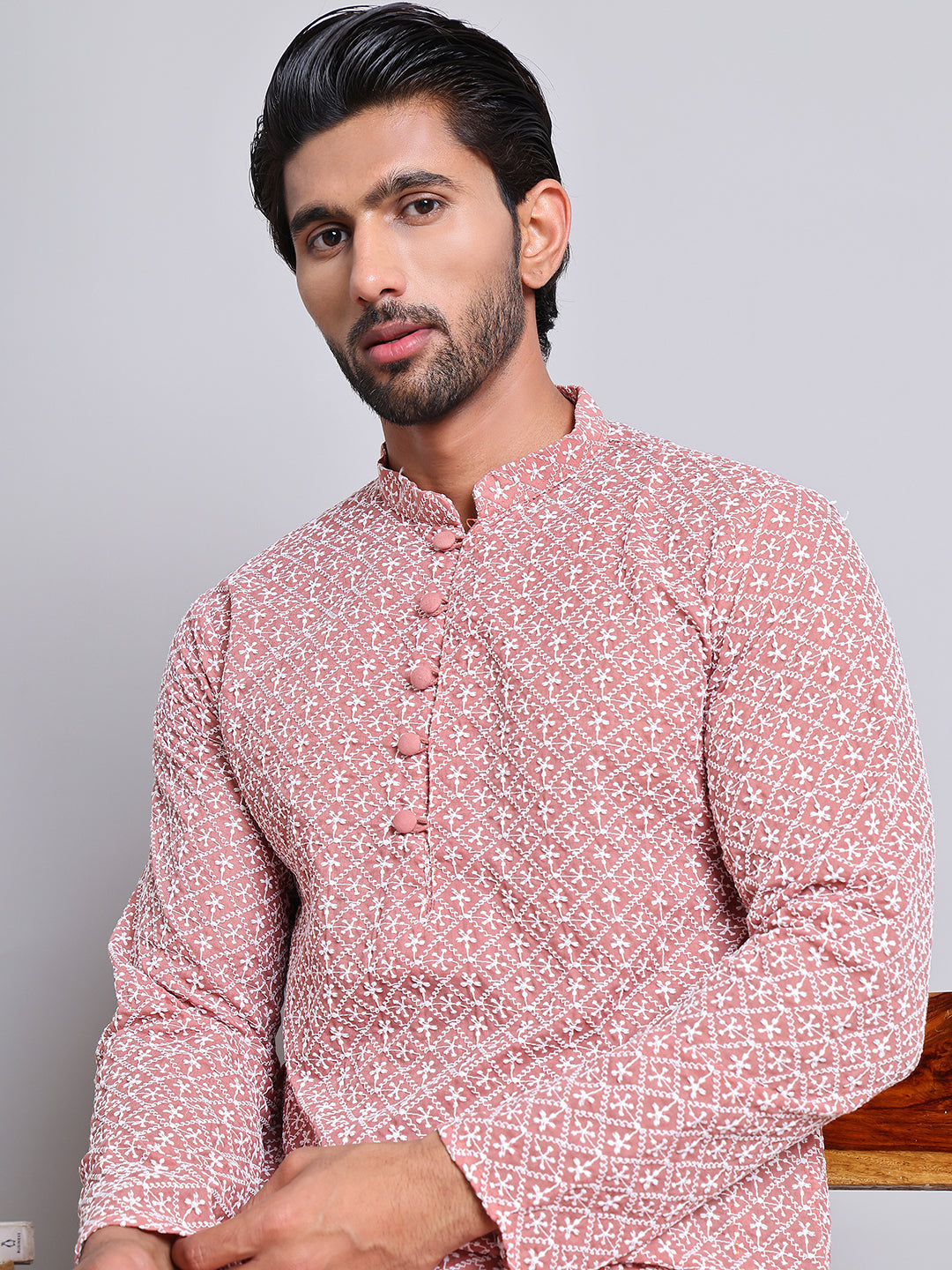 Floral Embroidered Kurta With Churidar ( NJOKP 626Coral )