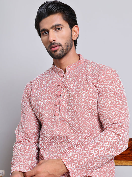 Floral Embroidered Kurta With Churidar ( NJOKP 626Coral )