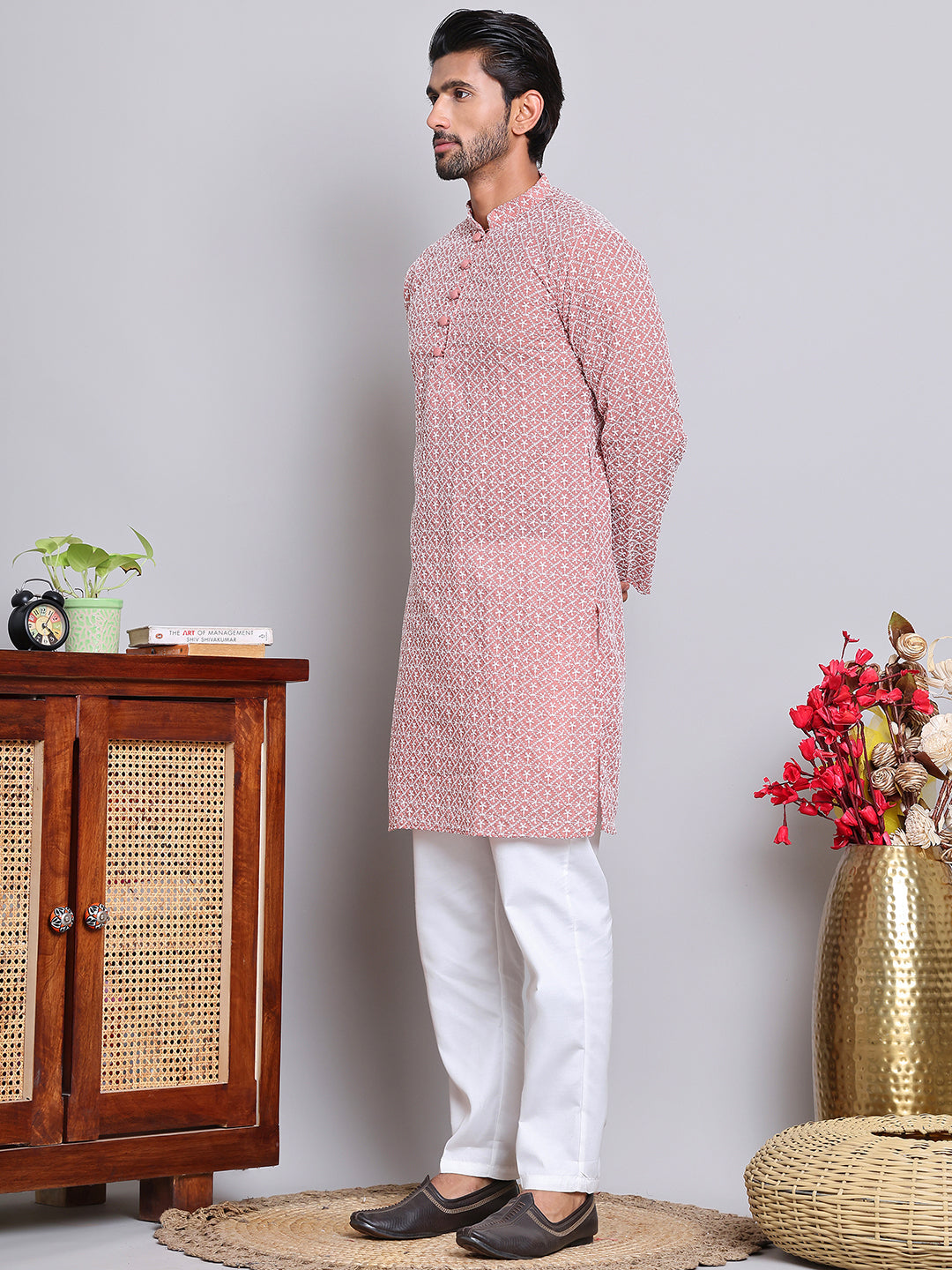 Floral Embroidered Kurta With Churidar ( NJOKP 626Coral )