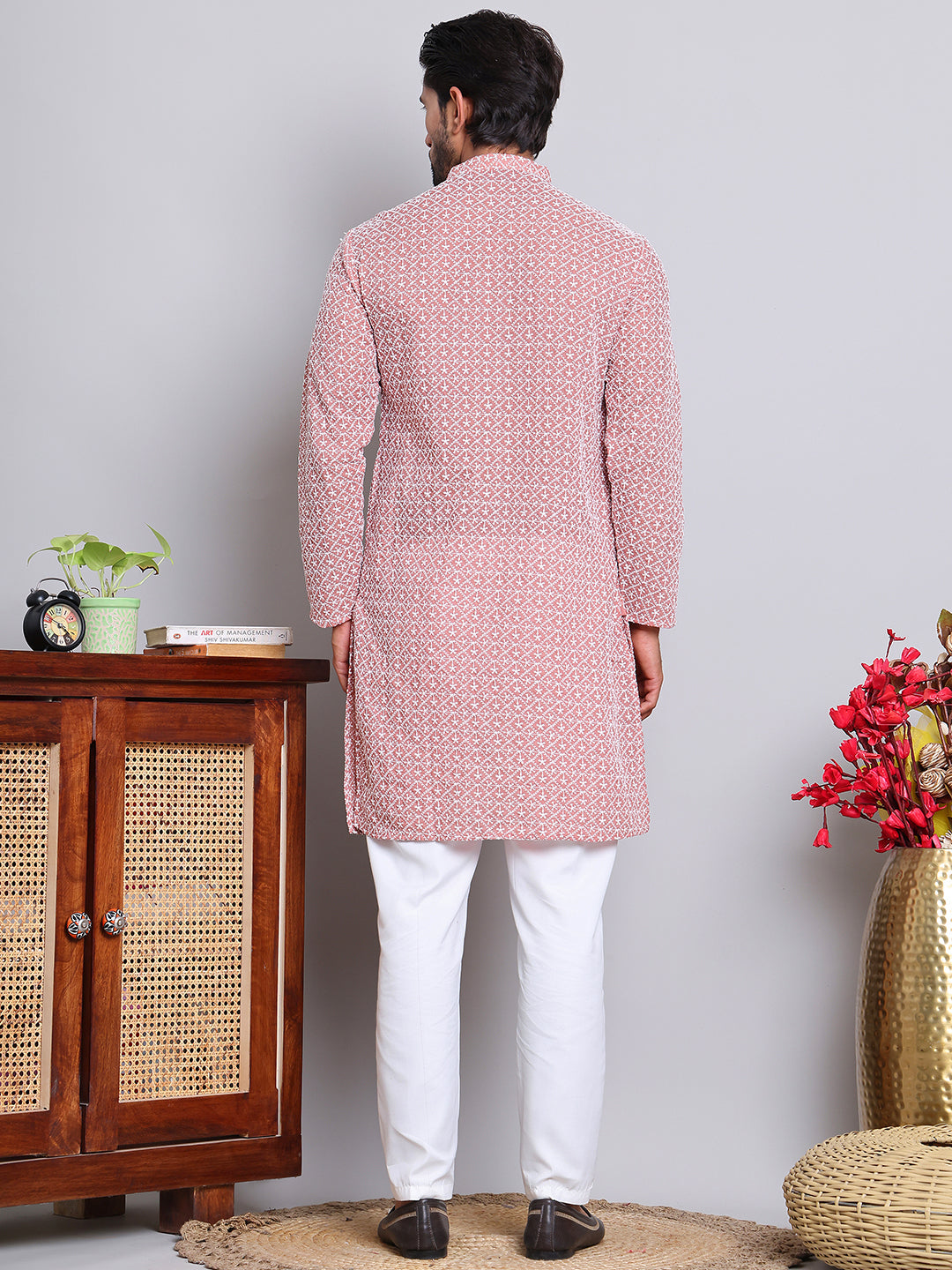 Floral Embroidered Kurta With Churidar ( NJOKP 626Coral )
