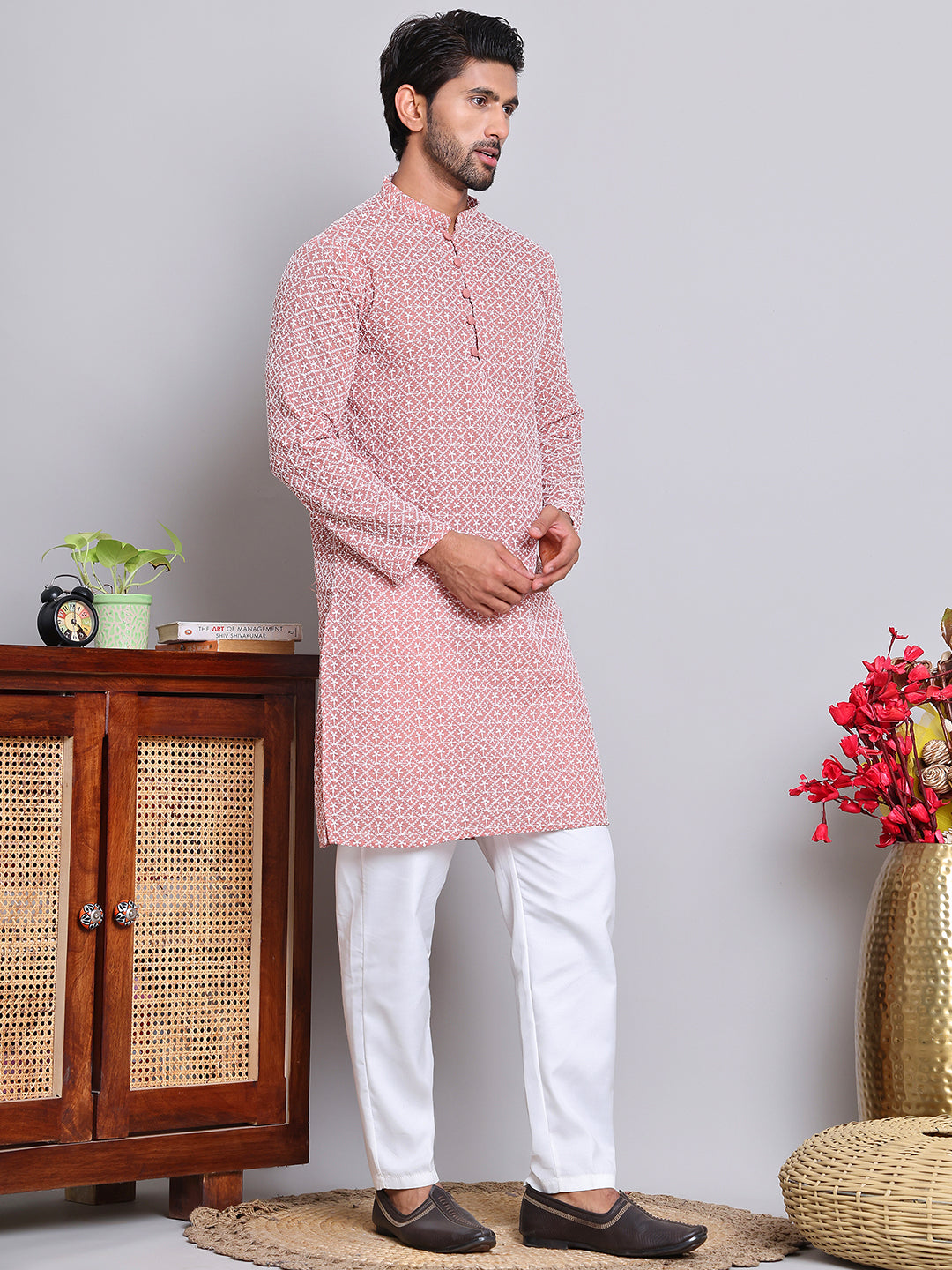 Floral Embroidered Kurta With Churidar ( NJOKP 626Coral )