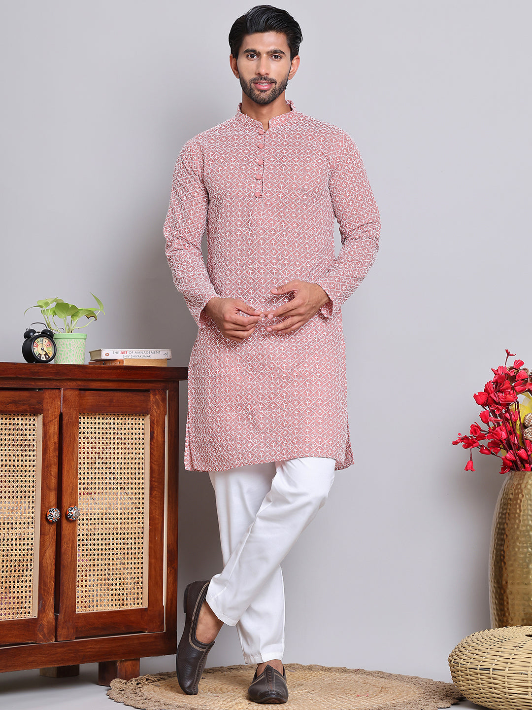 Floral Embroidered Kurta With Churidar ( NJOKP 626Coral )