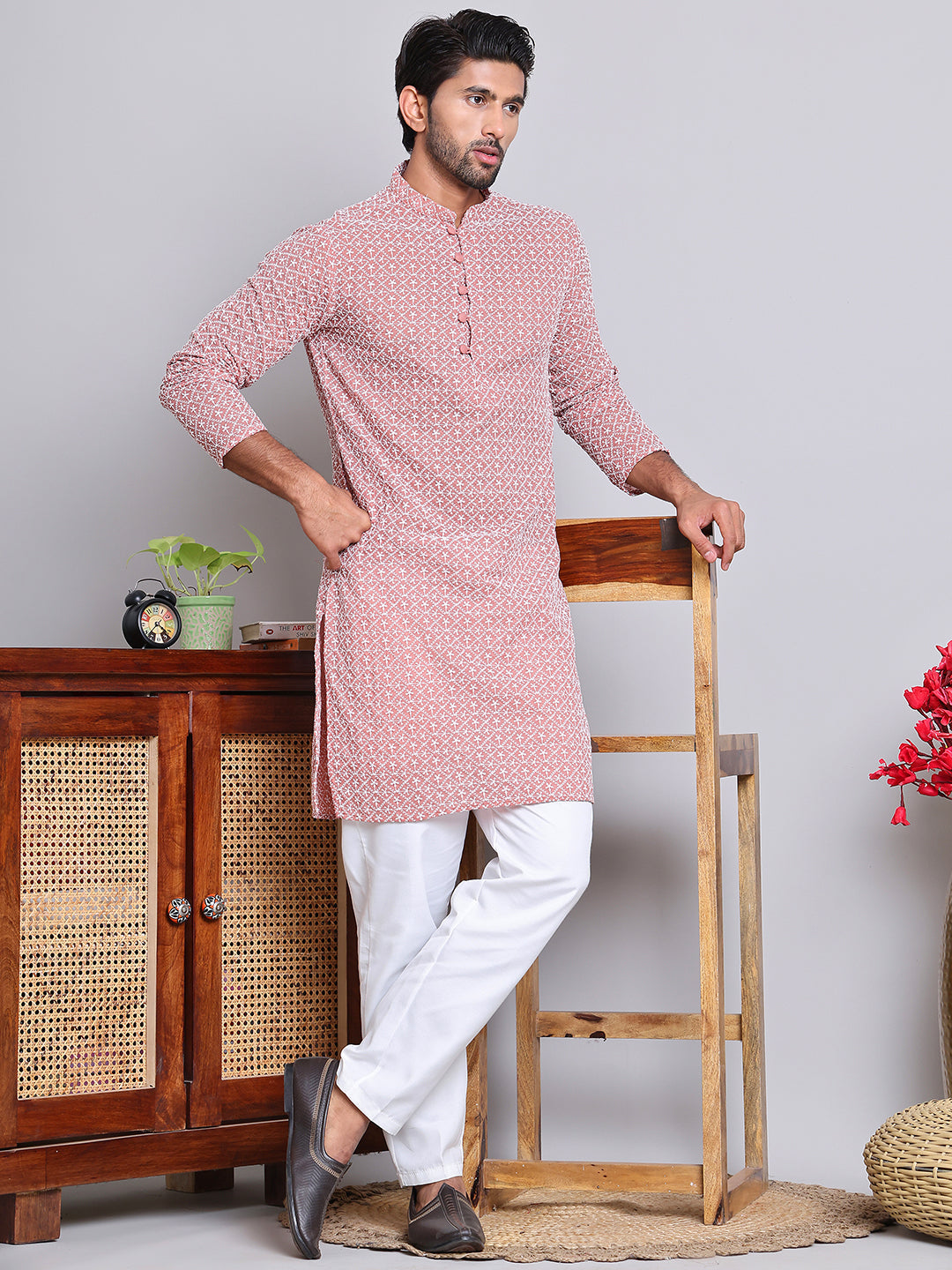 Floral Embroidered Kurta With Churidar ( NJOKP 626Coral )