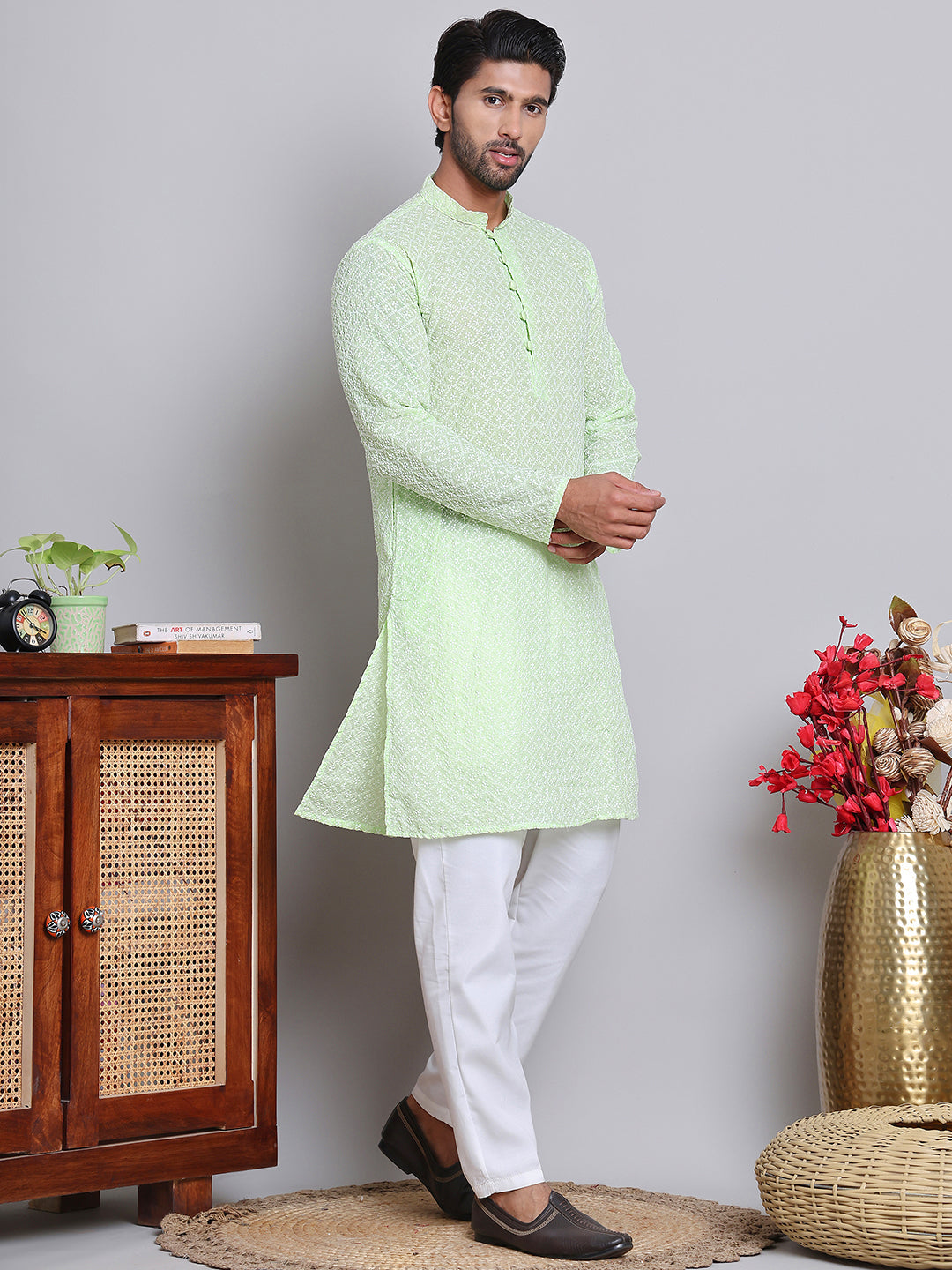 Floral Embroidered Kurta With Churidar ( NJOKP 626Green )