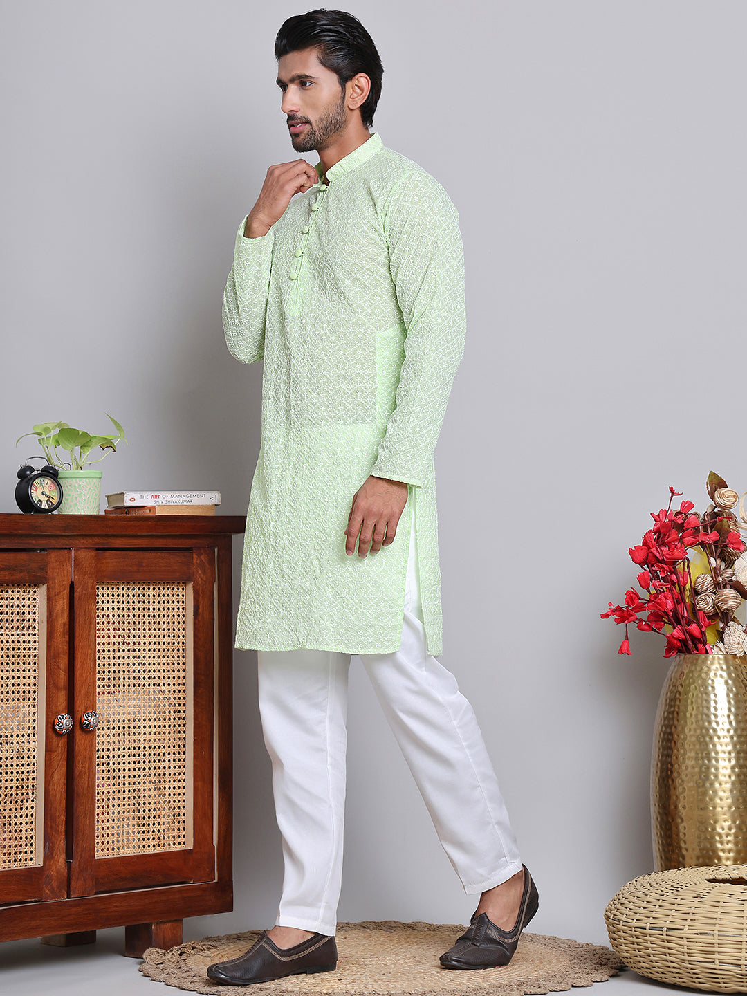Floral Embroidered Kurta With Churidar ( NJOKP 626Green )