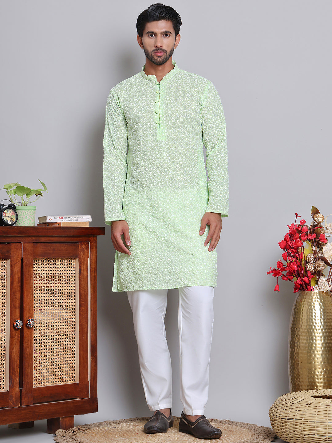 Floral Embroidered Kurta With Churidar ( NJOKP 626Green )