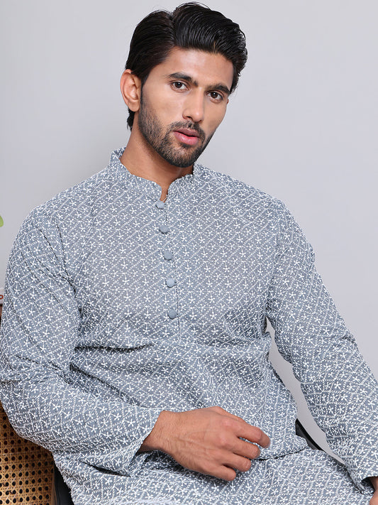 Floral Embroidered Kurta With Churidar ( NJOKP 626Grey )
