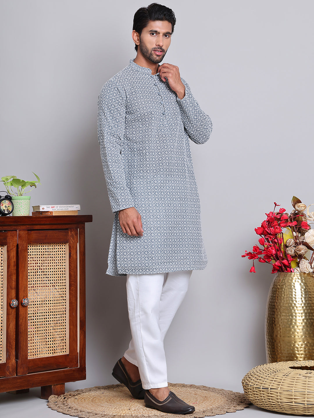 Floral Embroidered Kurta With Churidar ( NJOKP 626Grey )