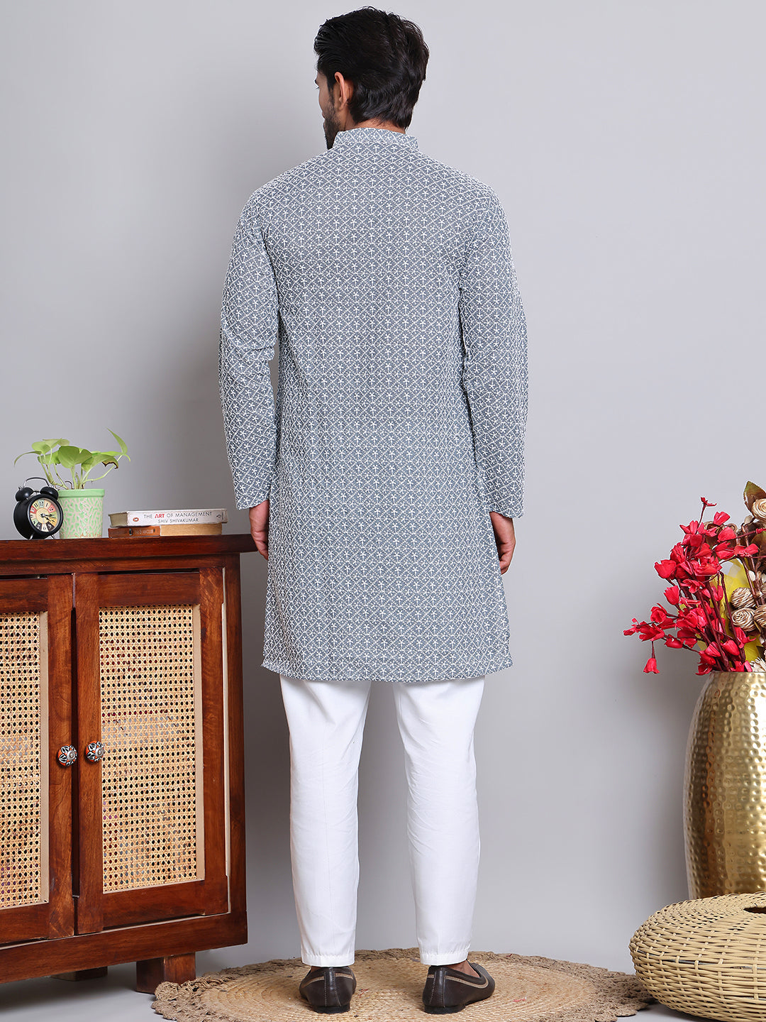 Floral Embroidered Kurta With Churidar ( NJOKP 626Grey )