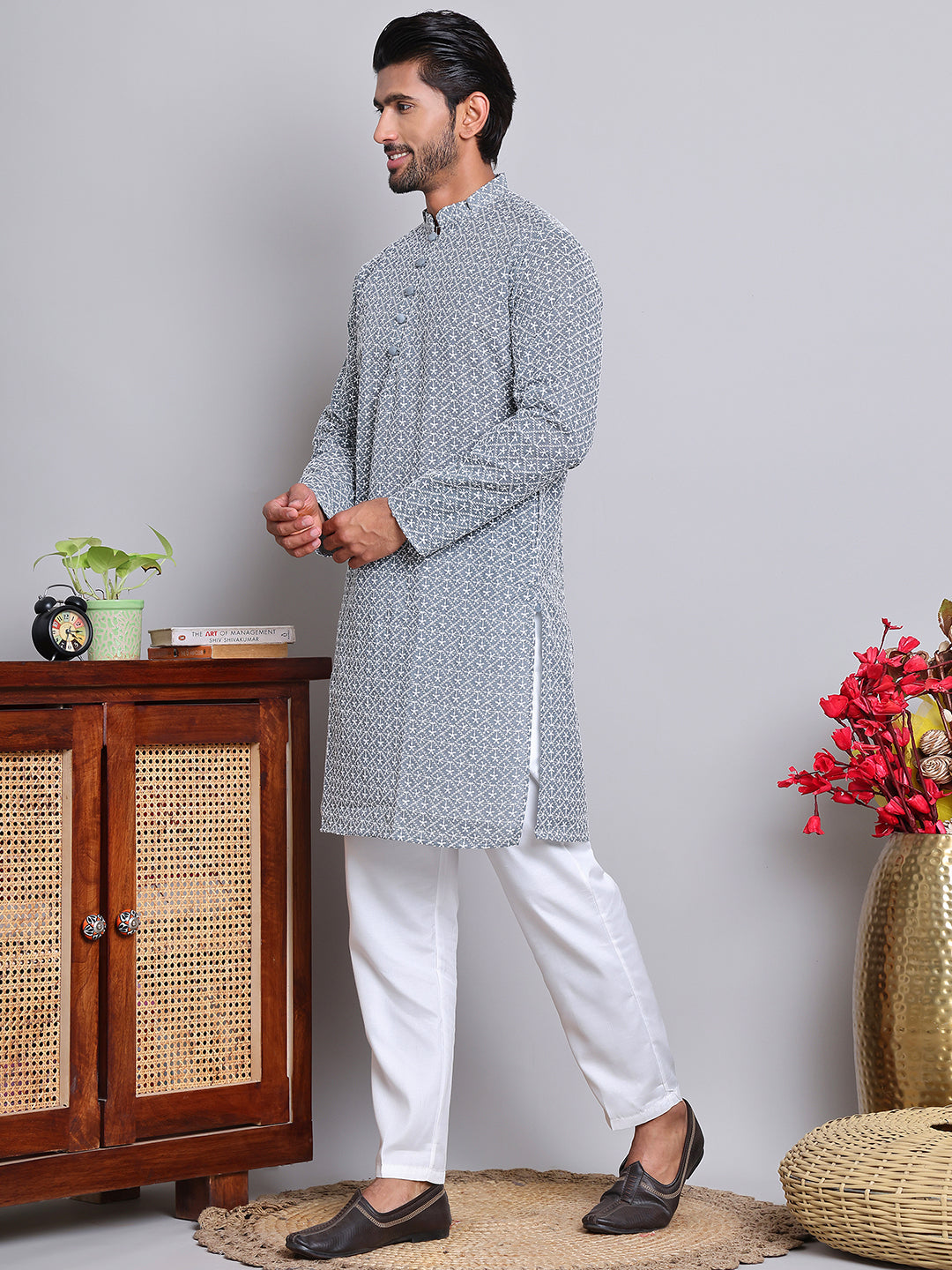 Floral Embroidered Kurta With Churidar ( NJOKP 626Grey )
