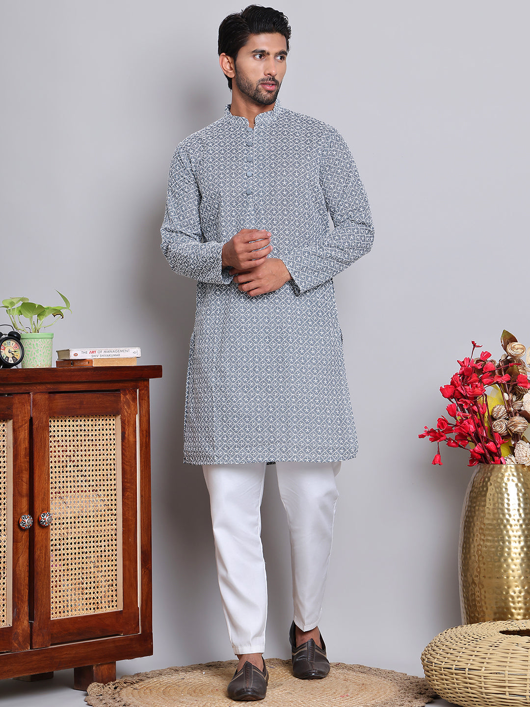 Floral Embroidered Kurta With Churidar ( NJOKP 626Grey )