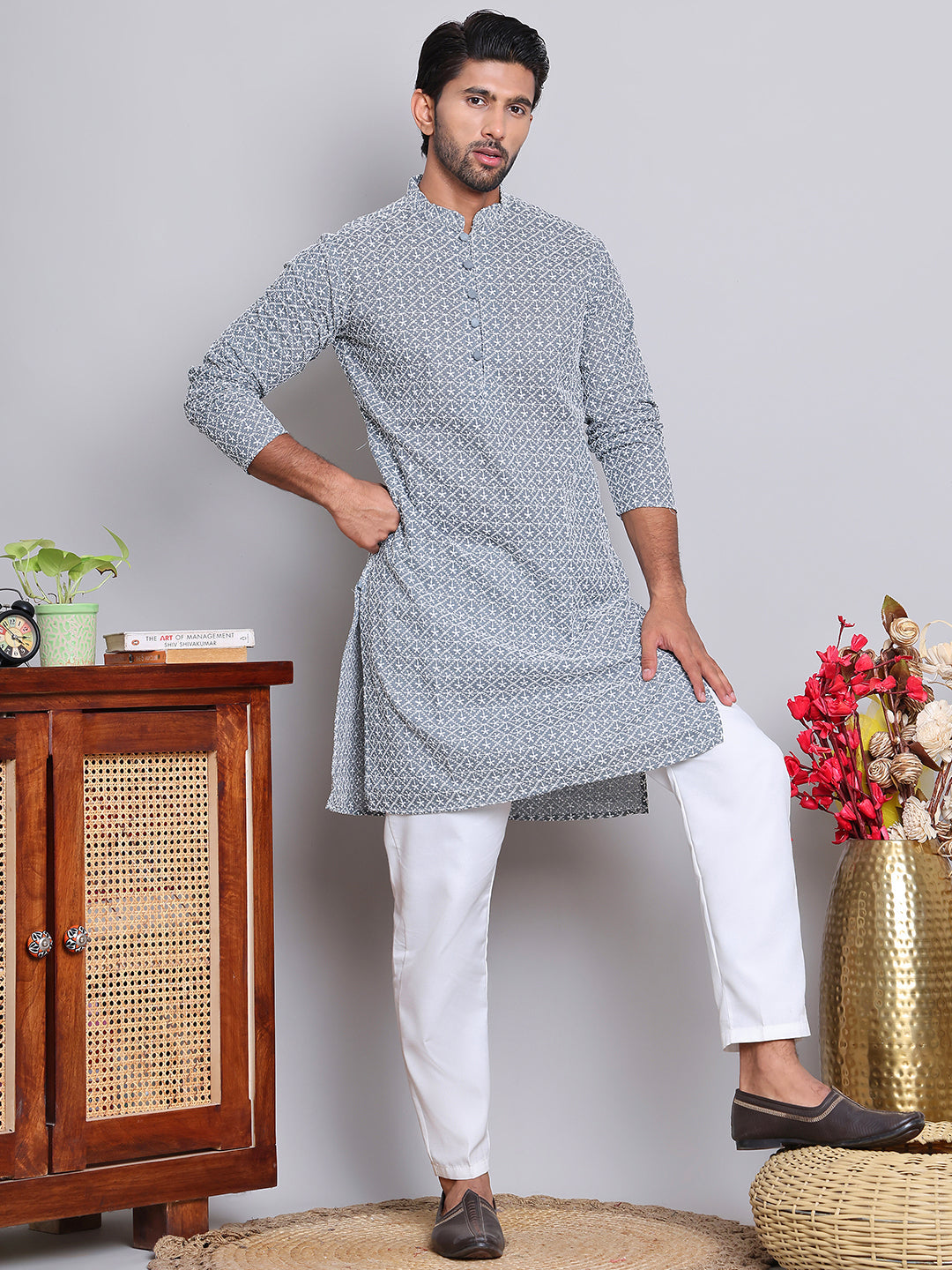 Floral Embroidered Kurta With Churidar ( NJOKP 626Grey )