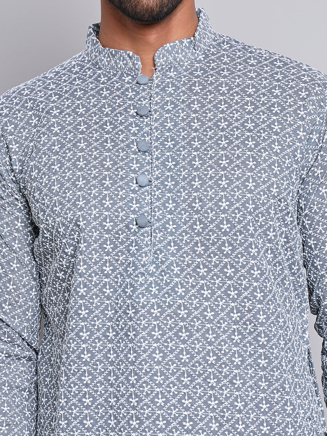 Floral Embroidered Kurta With Churidar ( NJOKP 626Grey )