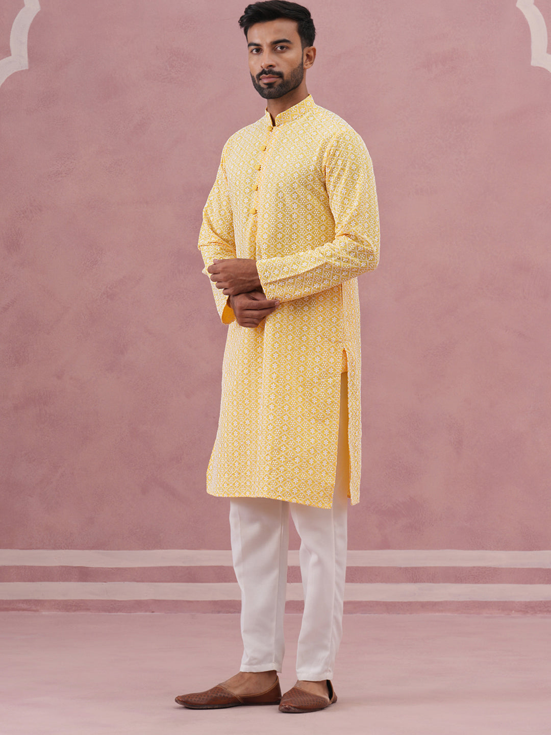 Floral Embroidered Kurta With Churidar ( JOKP 626 Lemon ) [FF] [G-1-5]
