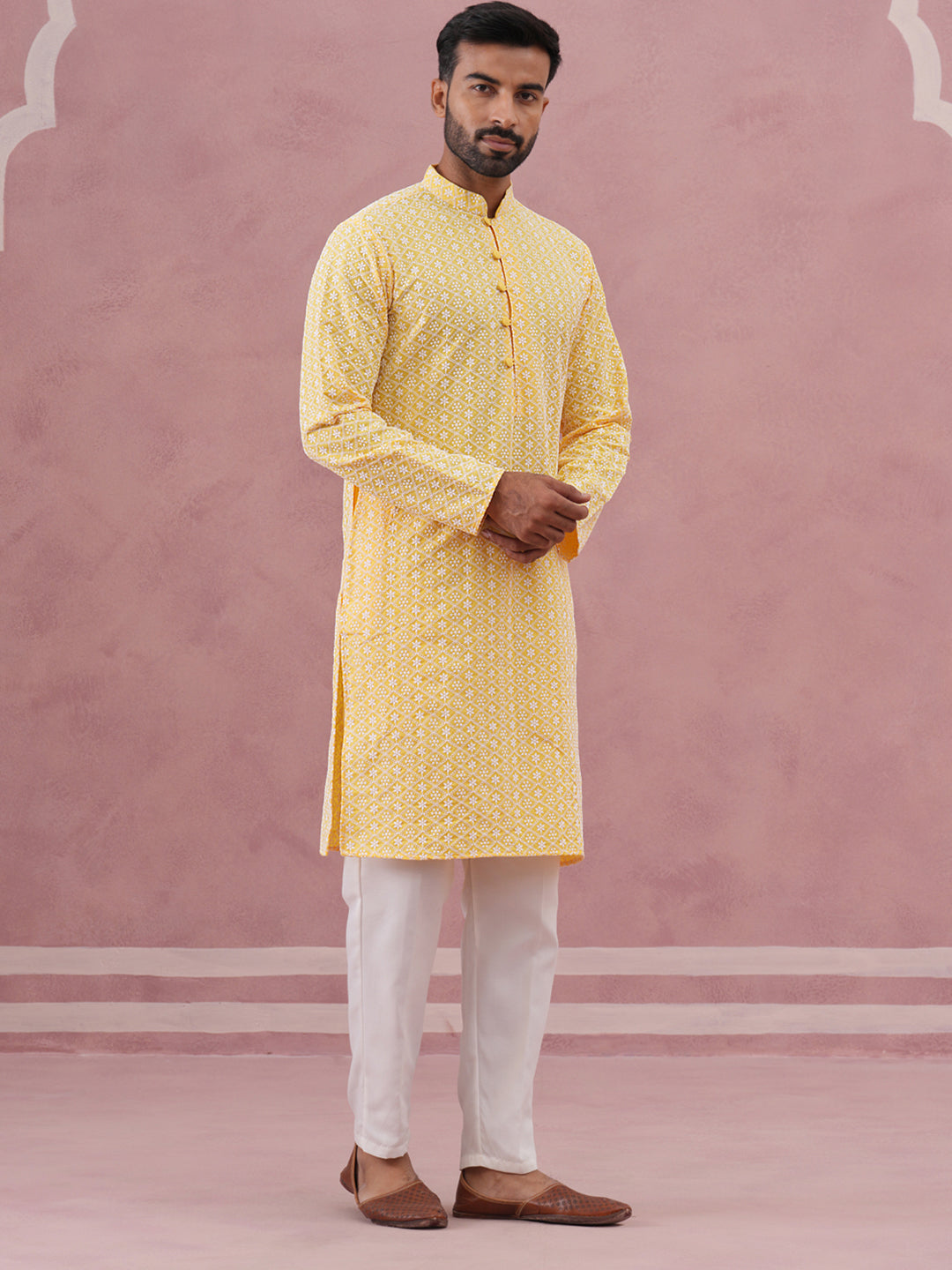 Floral Embroidered Kurta With Churidar ( JOKP 626 Lemon ) [FF] [G-1-5]