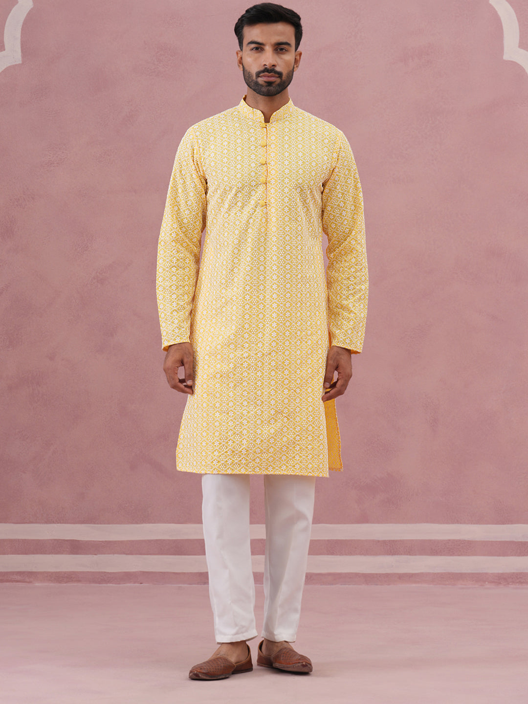 Floral Embroidered Kurta With Churidar ( JOKP 626 Lemon ) [FF] [G-1-5]