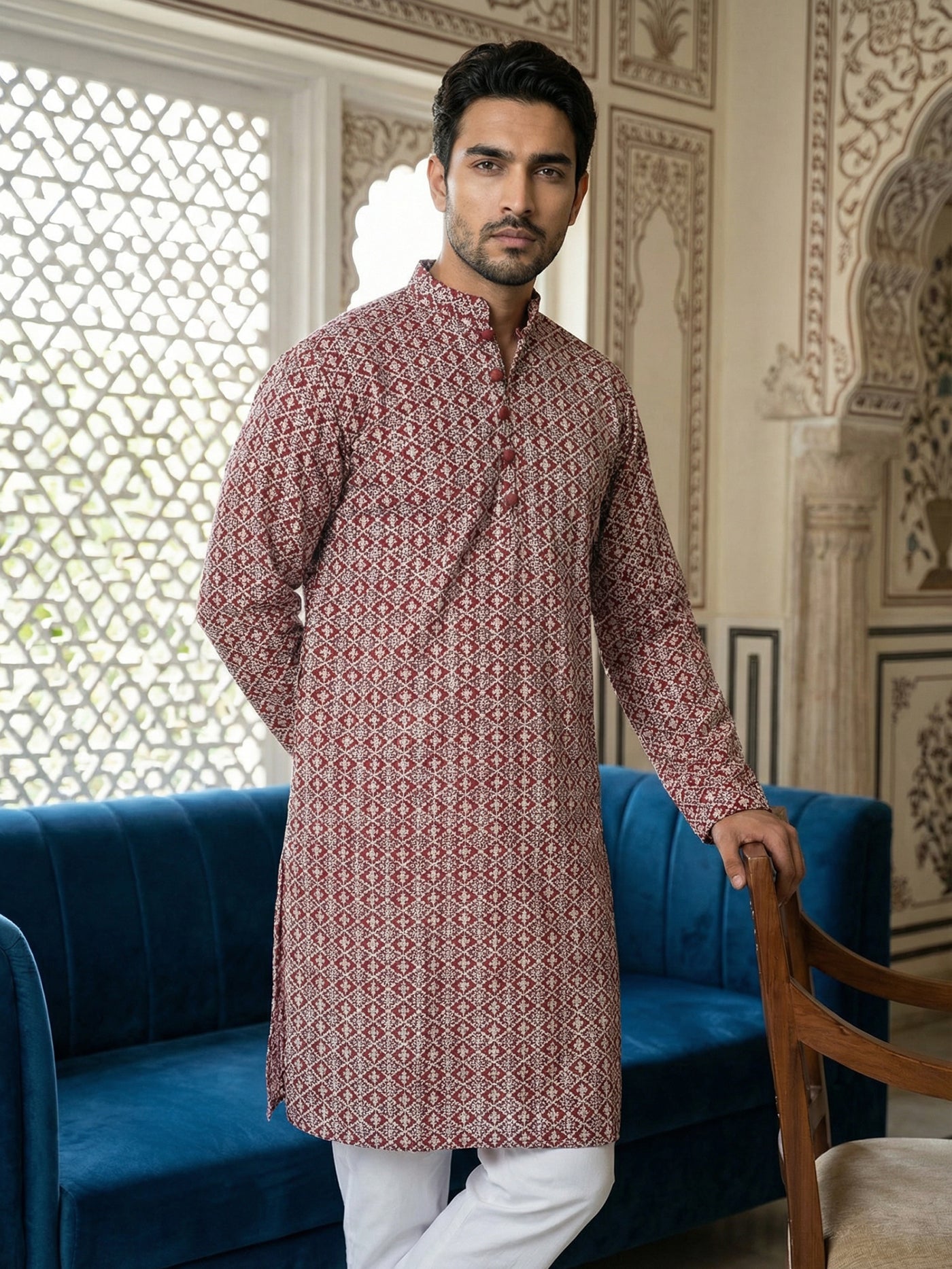 Floral Embroidered Kurta With Churidar ( JOKP P 626Maroon ) [FF] [G-1-5]